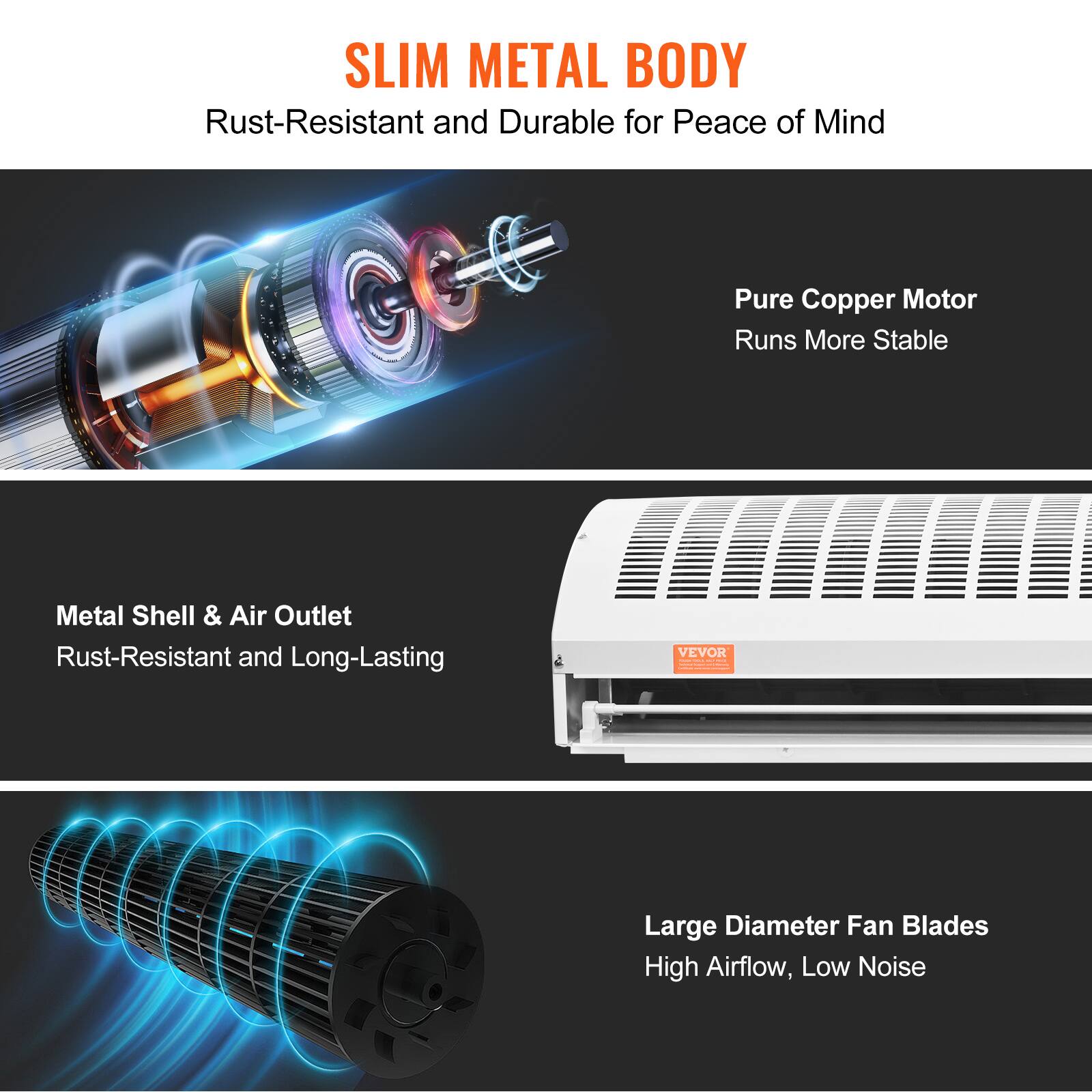 SLIM METAL BODY  
Rust-Resistant and Durable for Peace of Mind  

Pure Copper Motor  
Runs More Stable  

Metal Shell & Air Outlet  
Rust-Resistant and Long-Lasting  

Large Diameter Fan Blades  
High Airflow, Low Noise