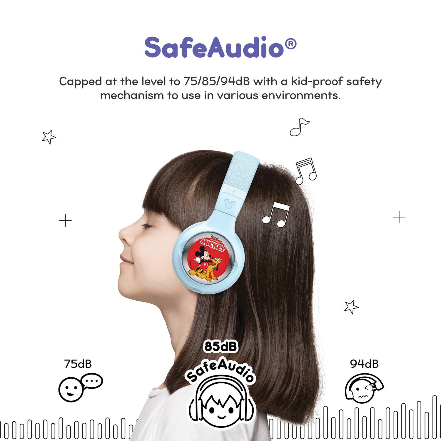 SafeAudio®

Capped at the level to 75/85/94dB with a kid-proof safety mechanism to use in various environments.

75dB  
85dB  
94dB