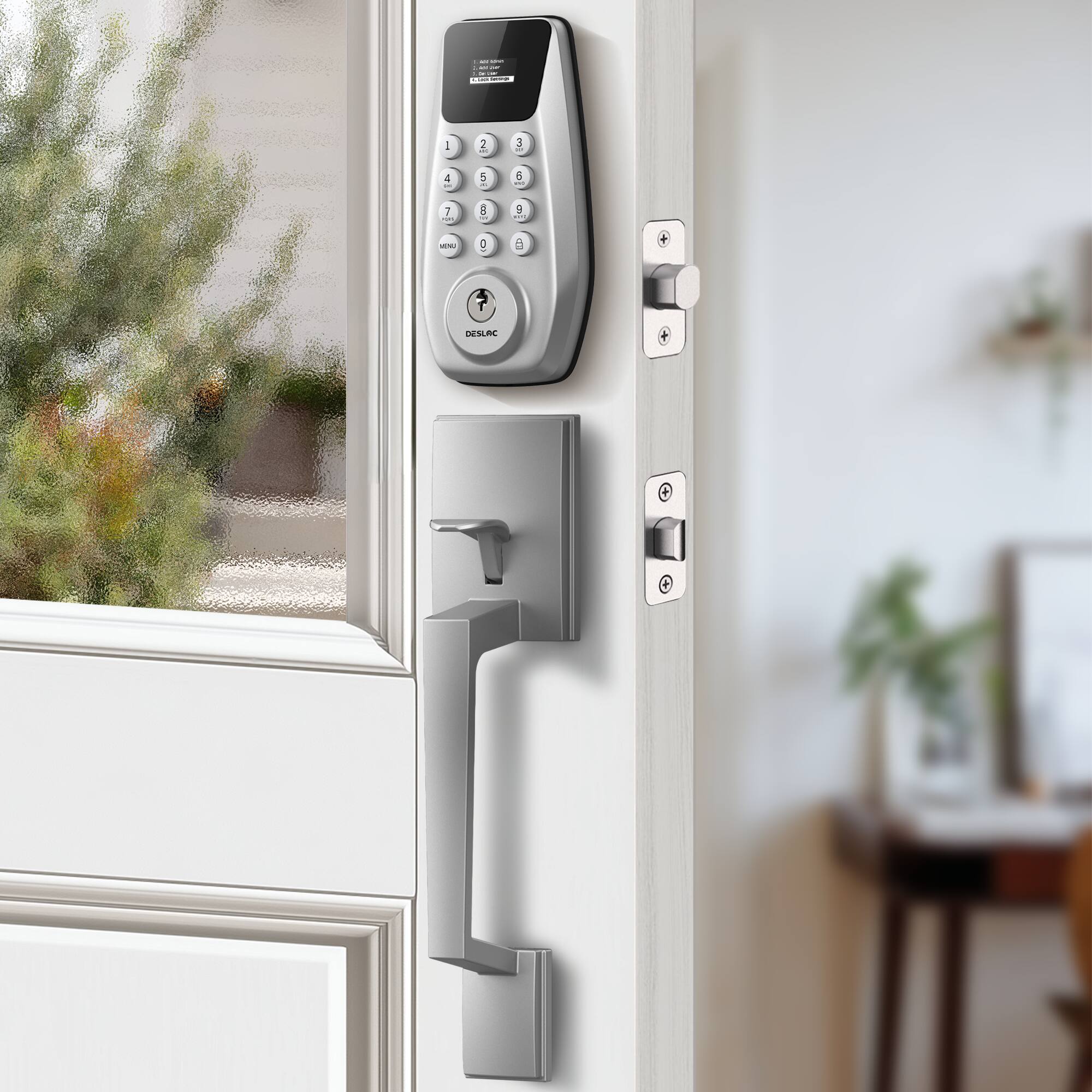 Left. DESLOC - C100 Smart Door Lock with Visible Display, Smart Keypad Deadbolt with Handle for Front Door - Silver.