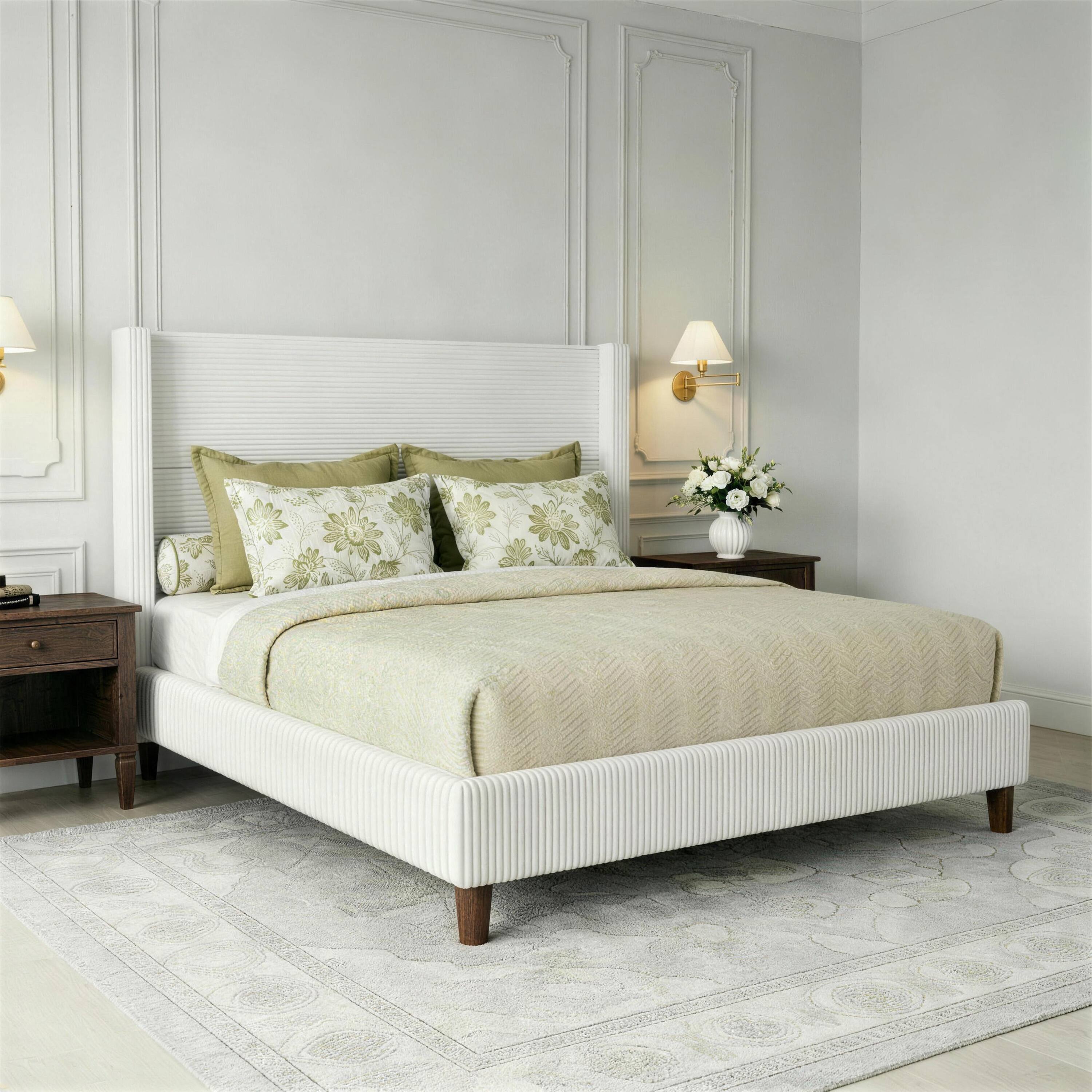 Angle. Vipbear - Queen Size Bed Frame with 56" Wingback Headboard, Upholstered Platform Bed, No Box Spring Needed - beige.