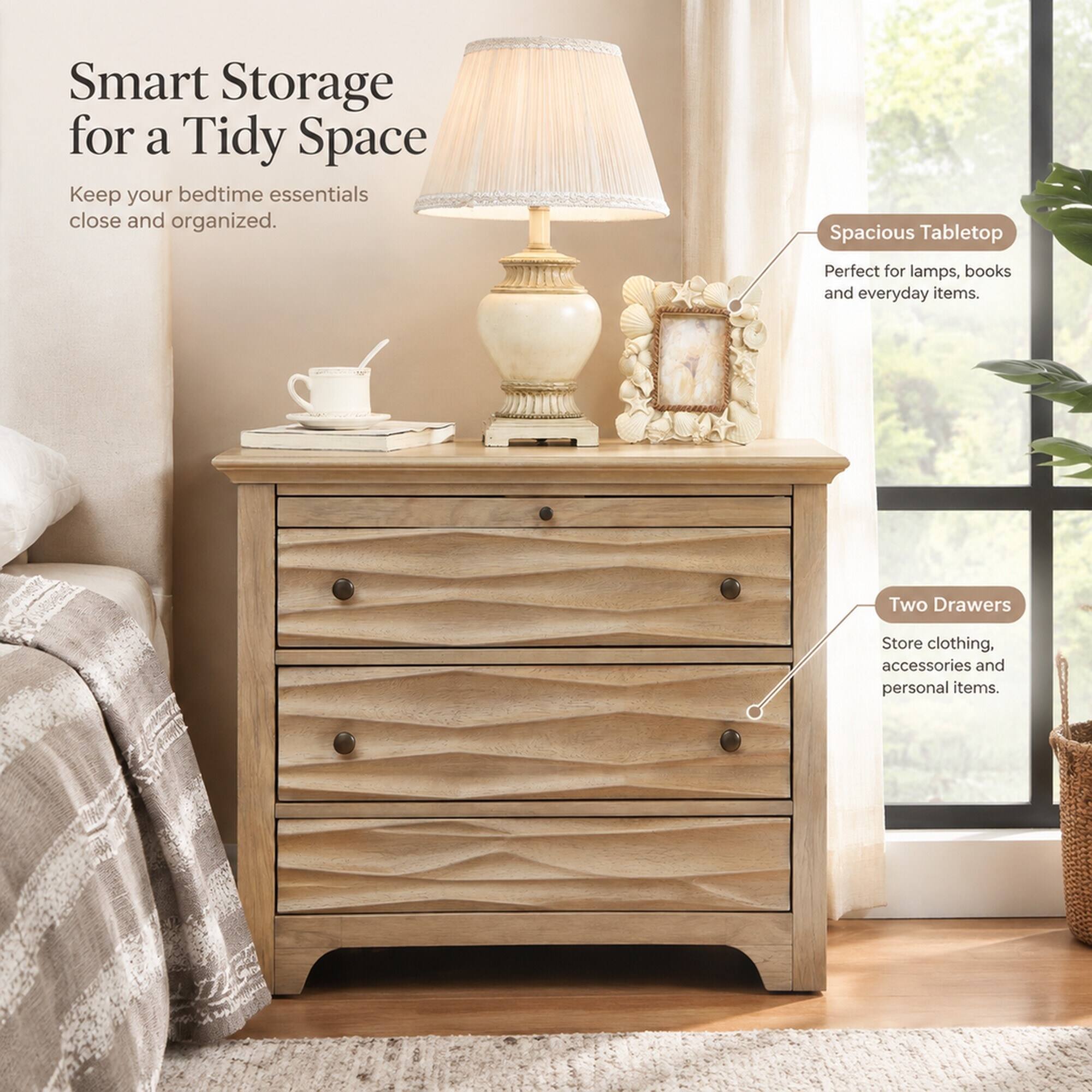 Smart Storage for a Tidy Space  
Keep your bedtime essentials close and organized.  

Spacious Tabletop  
Perfect for lamps, books and everyday items.  

Two Drawers  
Store clothing, accessories and personal items.