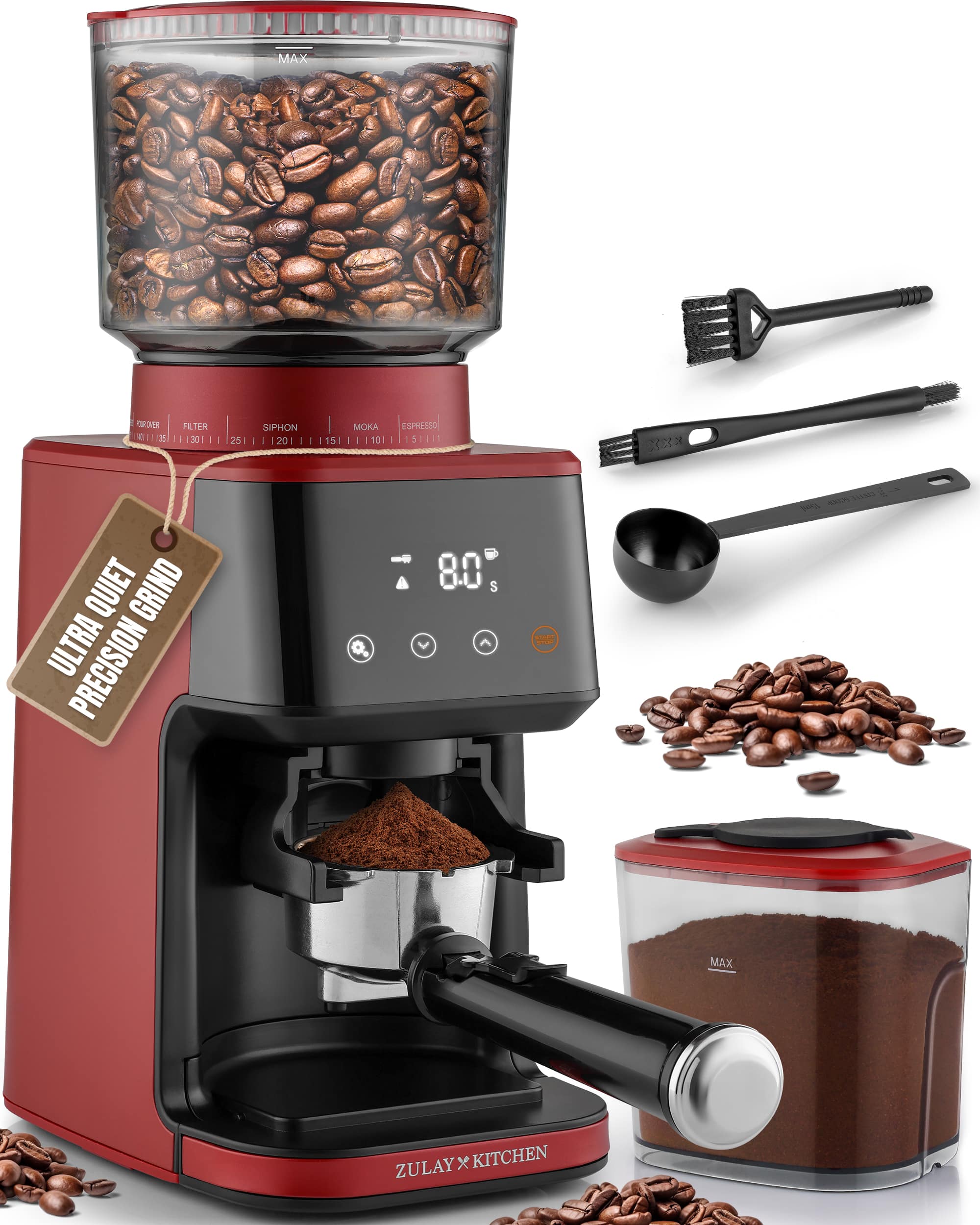 Zulay Kitchen - Conical Espresso Burr Coffee Grinder - Touchscreen, 51 Bean Grind Settings, Precision Electric Timer - Red