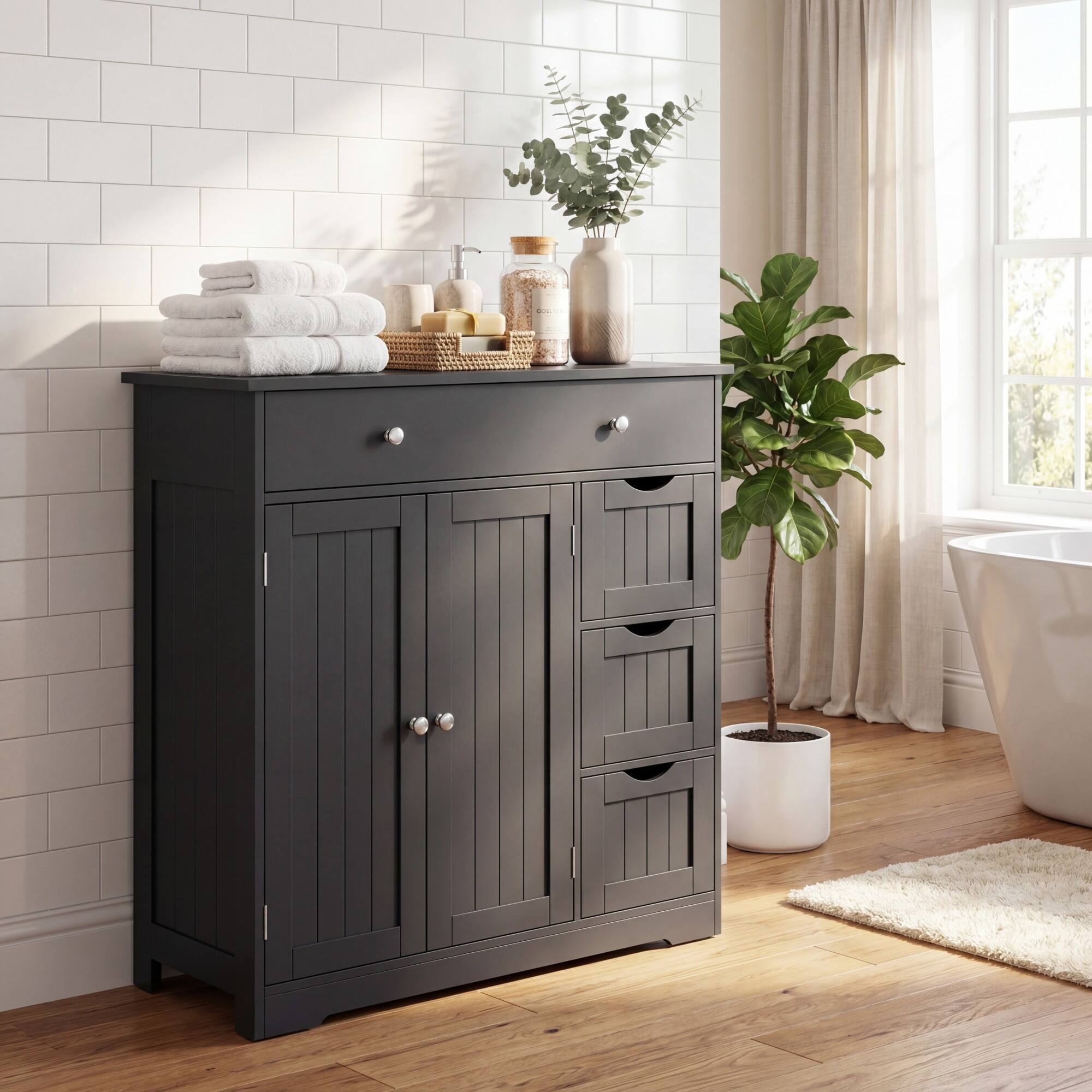 Alt View 4. Costway - Costway Bathroom Floor Cabinet, Storage Cabinet with 4 Drawers,2 Doors&Adjustable Shelf - Black.