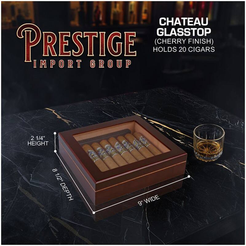 CHATEAU GLASSTOP (CHERRY FINISH) HOLDS 20 CIGARS  
IMPORT GROUP  
HEIGHT: 2 1/4"  
DEPTH: 8 1/2"  
WIDTH: 9"