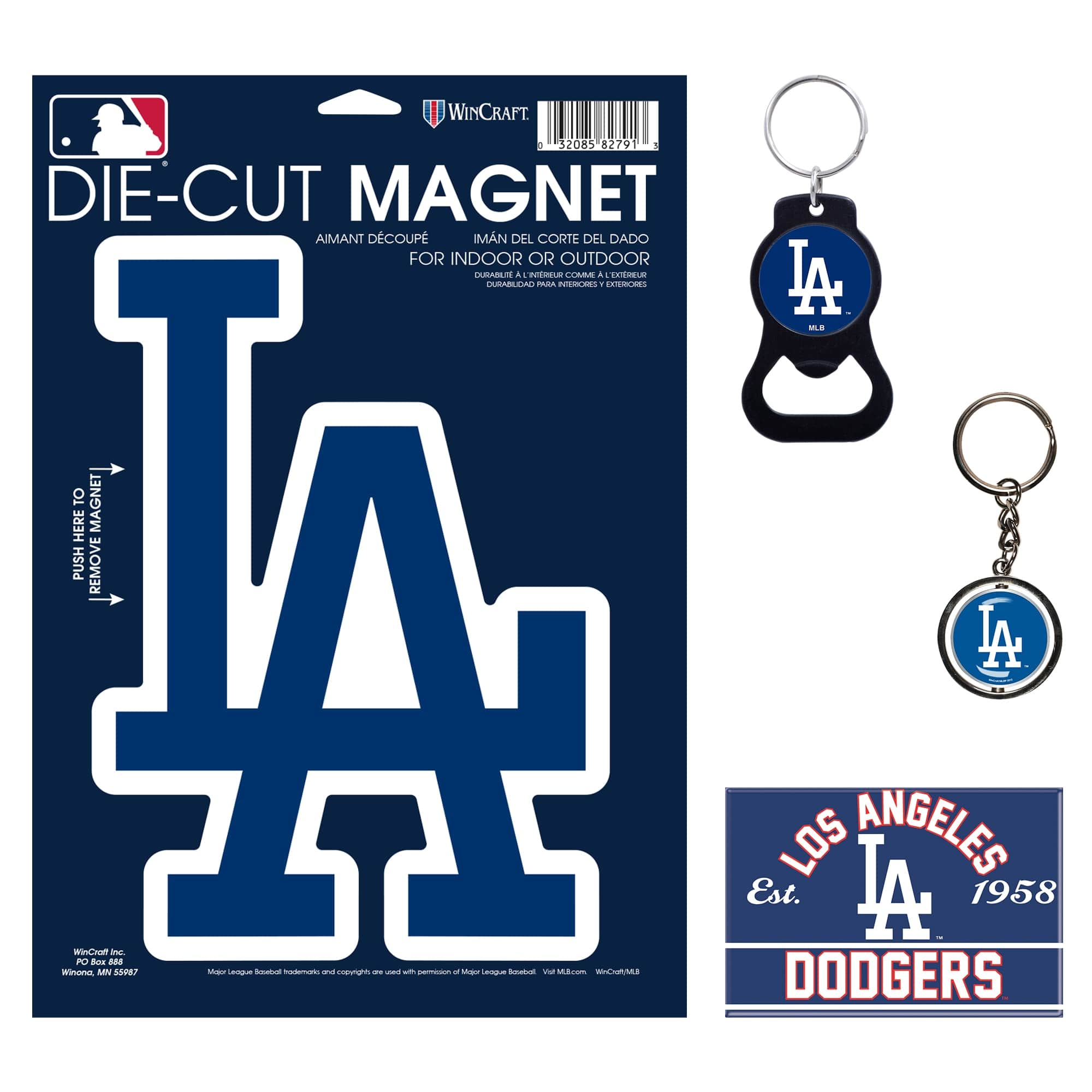 **WINCRAFT**

**DIE-CUT MAGNET**

**AIMANT DÉCOUPÉ**  
**IMAN DEL CORTE**  
**FOR INDOOR OR OUTDOOR**  
**PARA INTERIORES O EXTERIORES**

**PUSH HERE TO MAGNET**  
**REMOVE**

**LA**

**LOS ANGELES**  
**Est. 1958**  
**DODGERS**

**WinCraft Inc.**  
**PO Box 8867**  
**Winnemucca, NV 89445**

**Major League Baseball Trademarks and copyrights are used with permission of Major League Baseball.**

**WinCraft.com**  
**WinCraftMall**

**32085 82791**