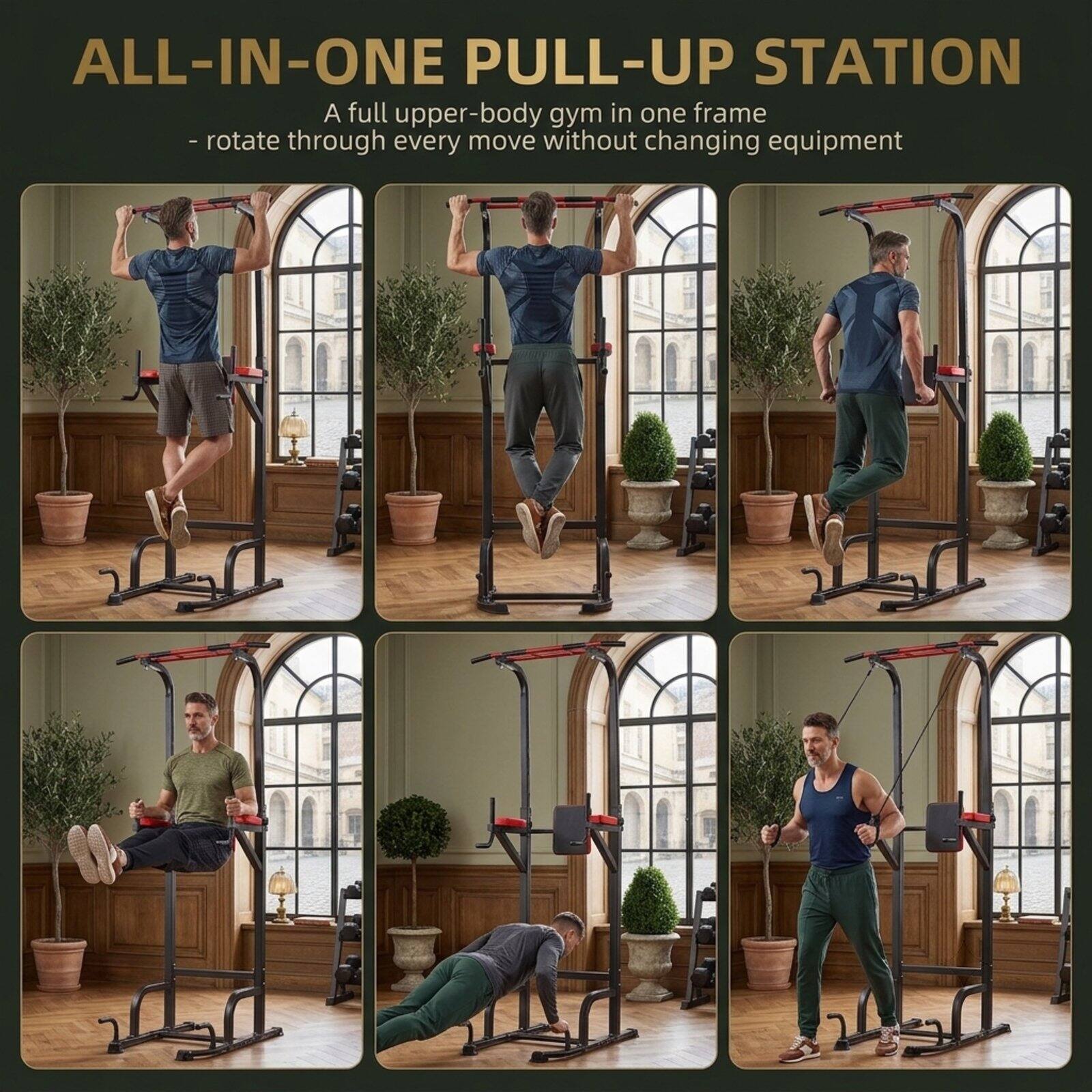 ALL-IN-ONE PULL-UP STATION  
A full upper-body gym in one frame  
- rotate through every move without changing equipment