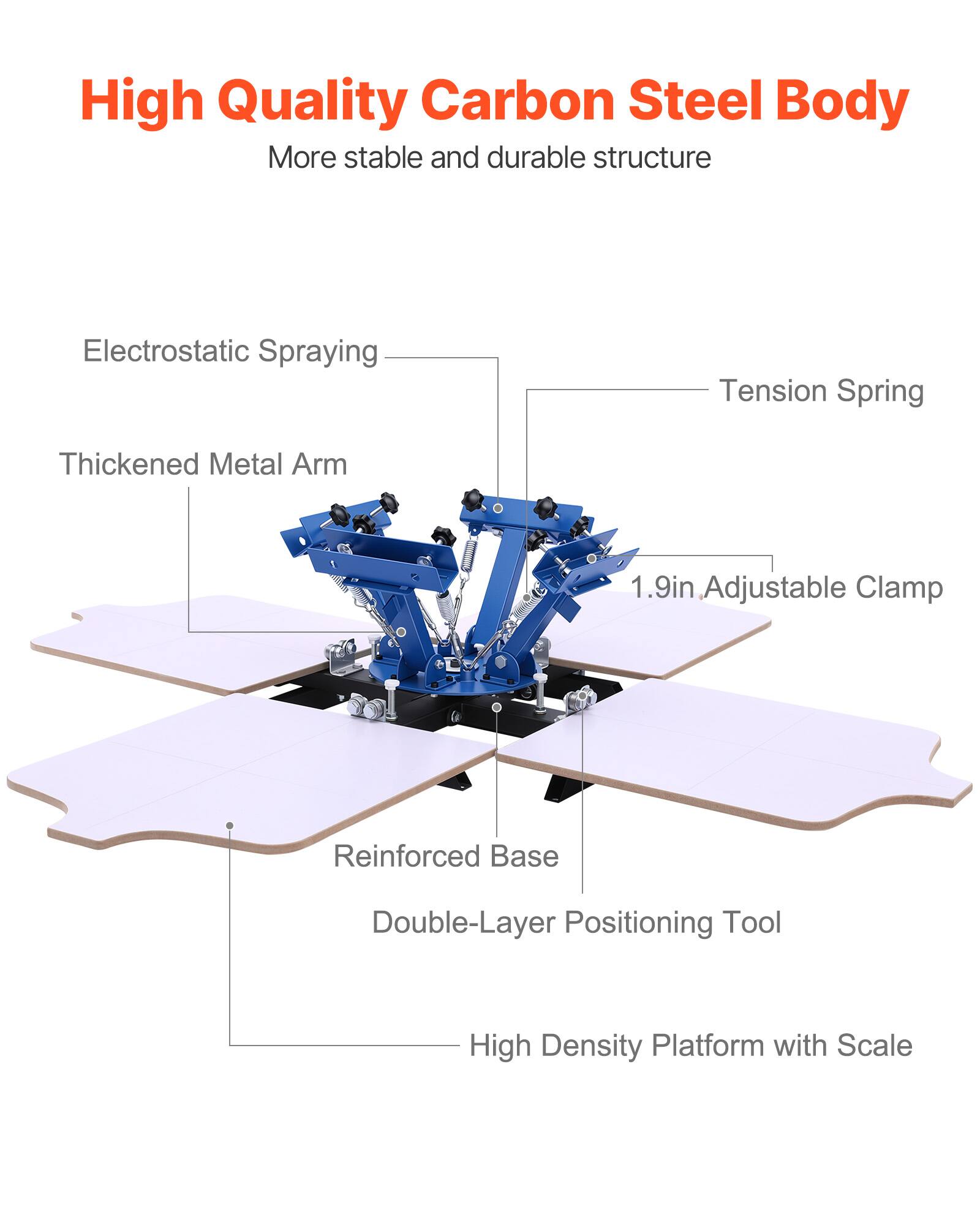 High Quality Carbon Steel Body  
More stable and durable structure  
Electrostatic Spraying  
Tension Spring  
Thickened Metal Arm  
1.9in Adjustable Clamp  
Reinforced Base  
Double-Layer Positioning Tool  
High Density Platform with Scale