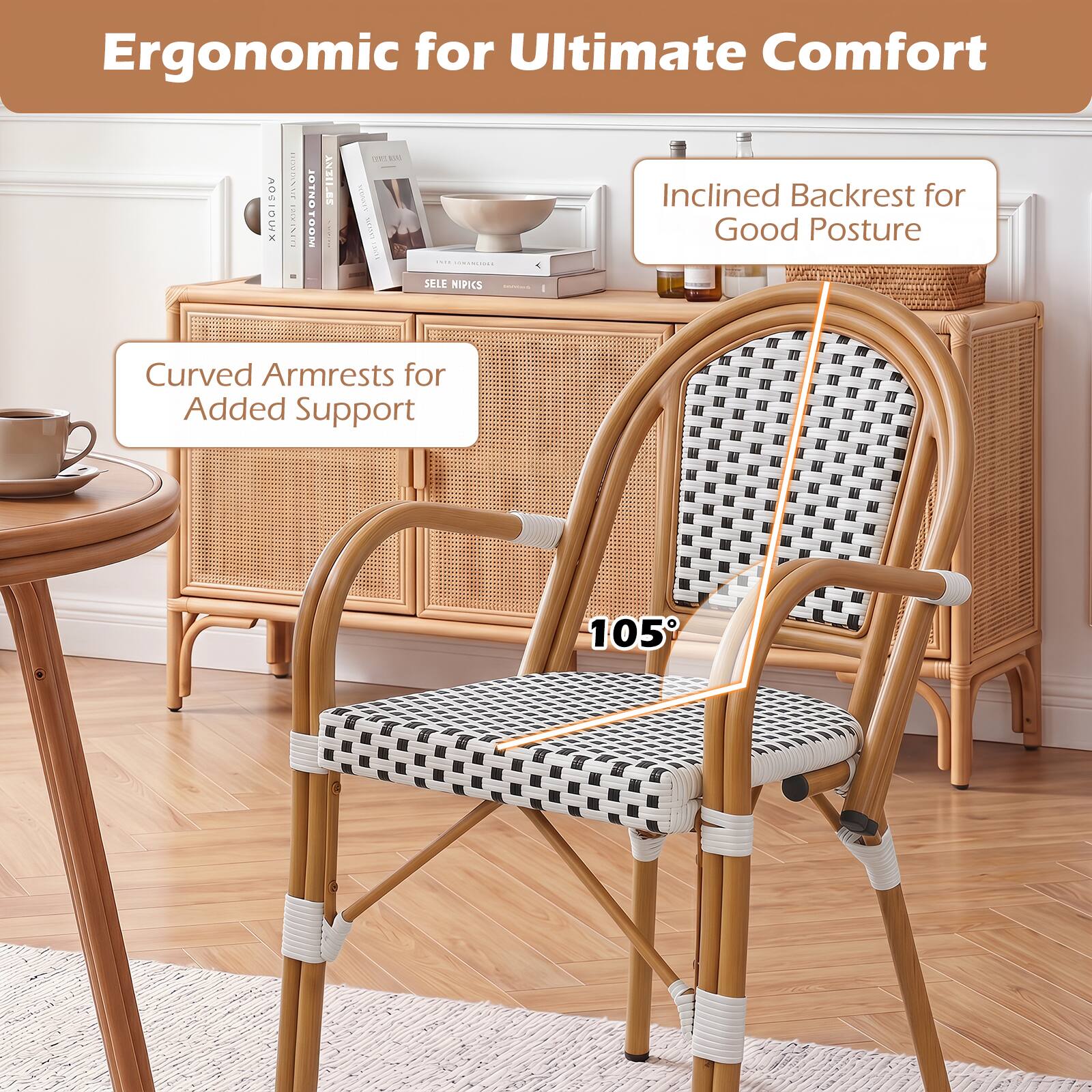 Ergonomic for Ultimate Comfort

Inclined Backrest for Good Posture

Curved Armrests for Added Support

105°