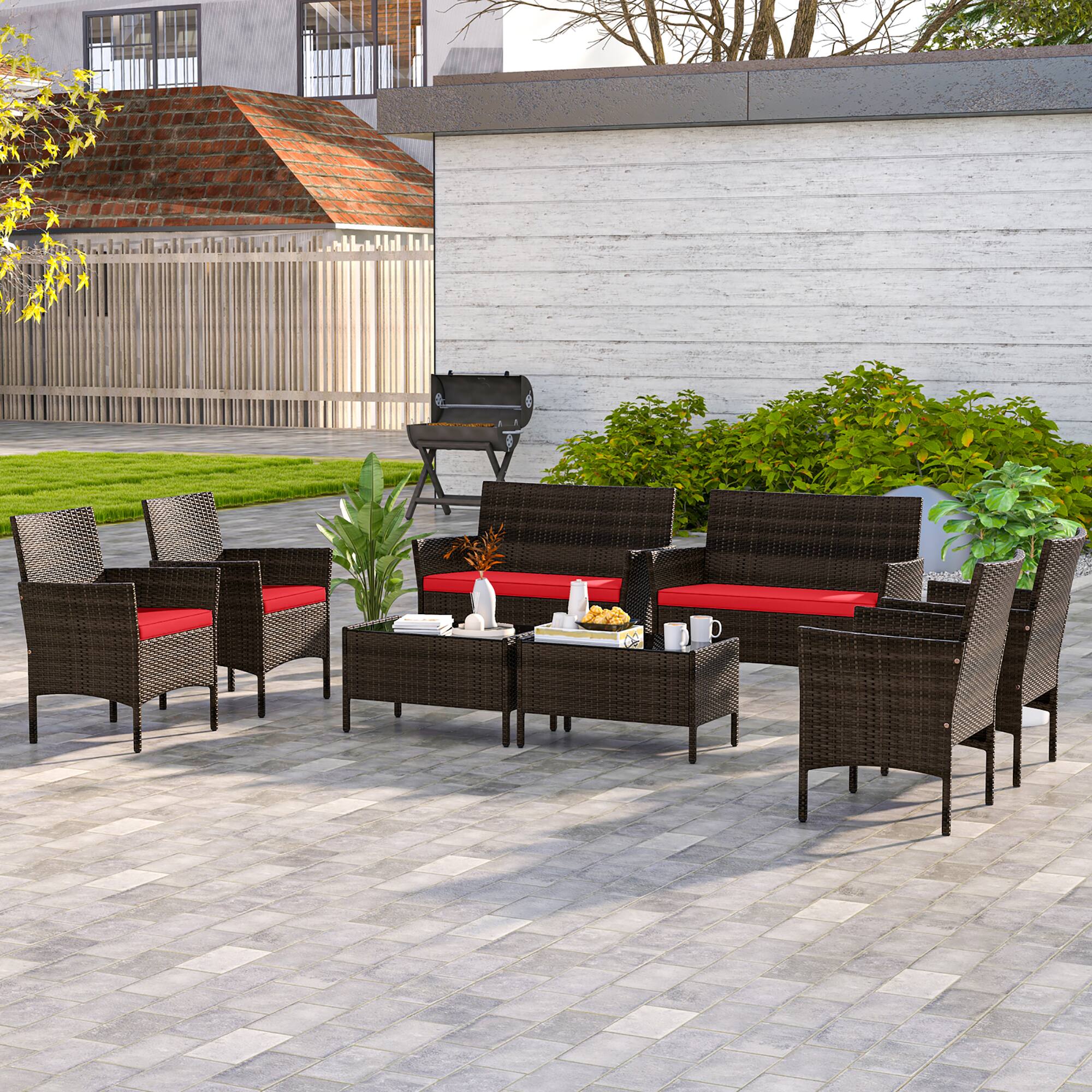 Alt View 1. Gymax - Gymax 8 PCS Patio Furniture Set w/Washable Cushions & Tempered Glass Coffee Table - Mix Brown, Red.