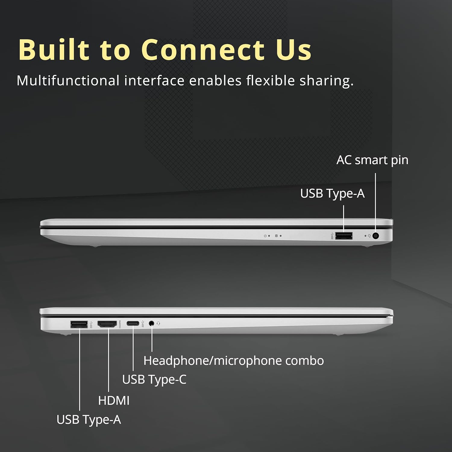 Built to Connect Us  
Multifunctional interface enables flexible sharing.  

- AC smart pin  
- USB Type-A  
- Headphone/microphone combo  
- USB Type-C  
- HDMI  
- USB Type-A