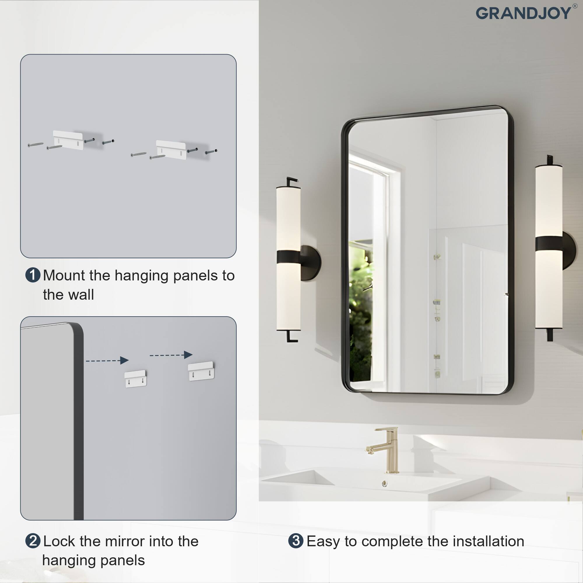 1. Mount the hanging panels to the wall
2. Lock the mirror into the hanging panels
3. Easy to complete the installation