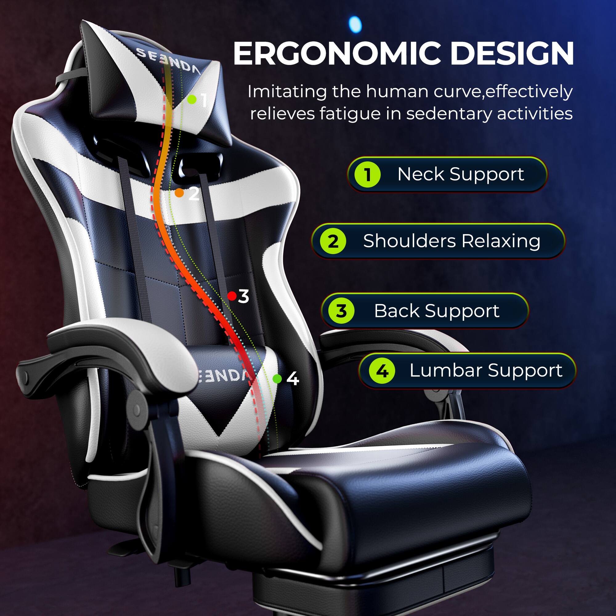 SEENDA ERGONOMIC DESIGN  
Imitating the human curve, effectively relieves fatigue in sedentary activities

1. Neck Support
2. Shoulders Relaxing
3. Back Support
4. Lumbar Support