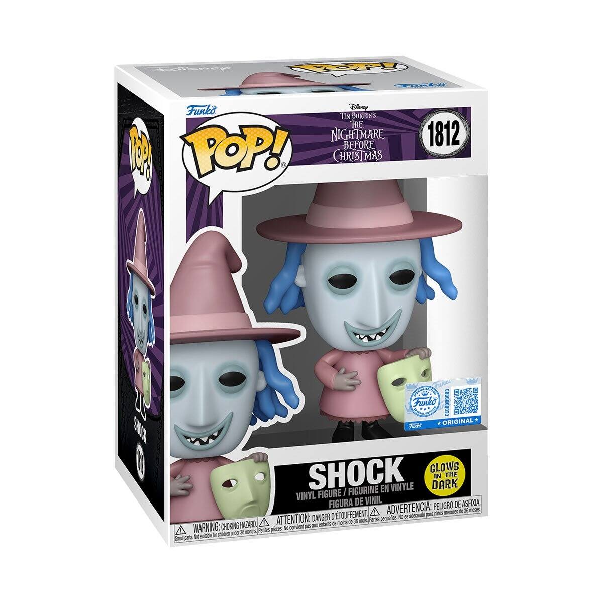 Disney  
POP! Funko  
Funko Disney TIMBURTON'S THE NIGHTMARE BEFORE CHRISTMAS  
1812  
Funko POP!  
* ORIGINAL *  
SHOCK  
VINYL FIGURE / FIGURINE EN VINYLE / FIGURA DE VINIL  
GLOWS IN THE DARK  
WARNING: CHOKING HAZARD - Small parts. Not for children under 3 years.  
ADVERTENCIA: PELIGRO DE ASFIXIA, DTOUFFEMENT. A ADVERTENCIA: No x3 adecuado para nios menores de 35 meses, ATTENTION: DANGER moins de 36 mois, Partes pequas.