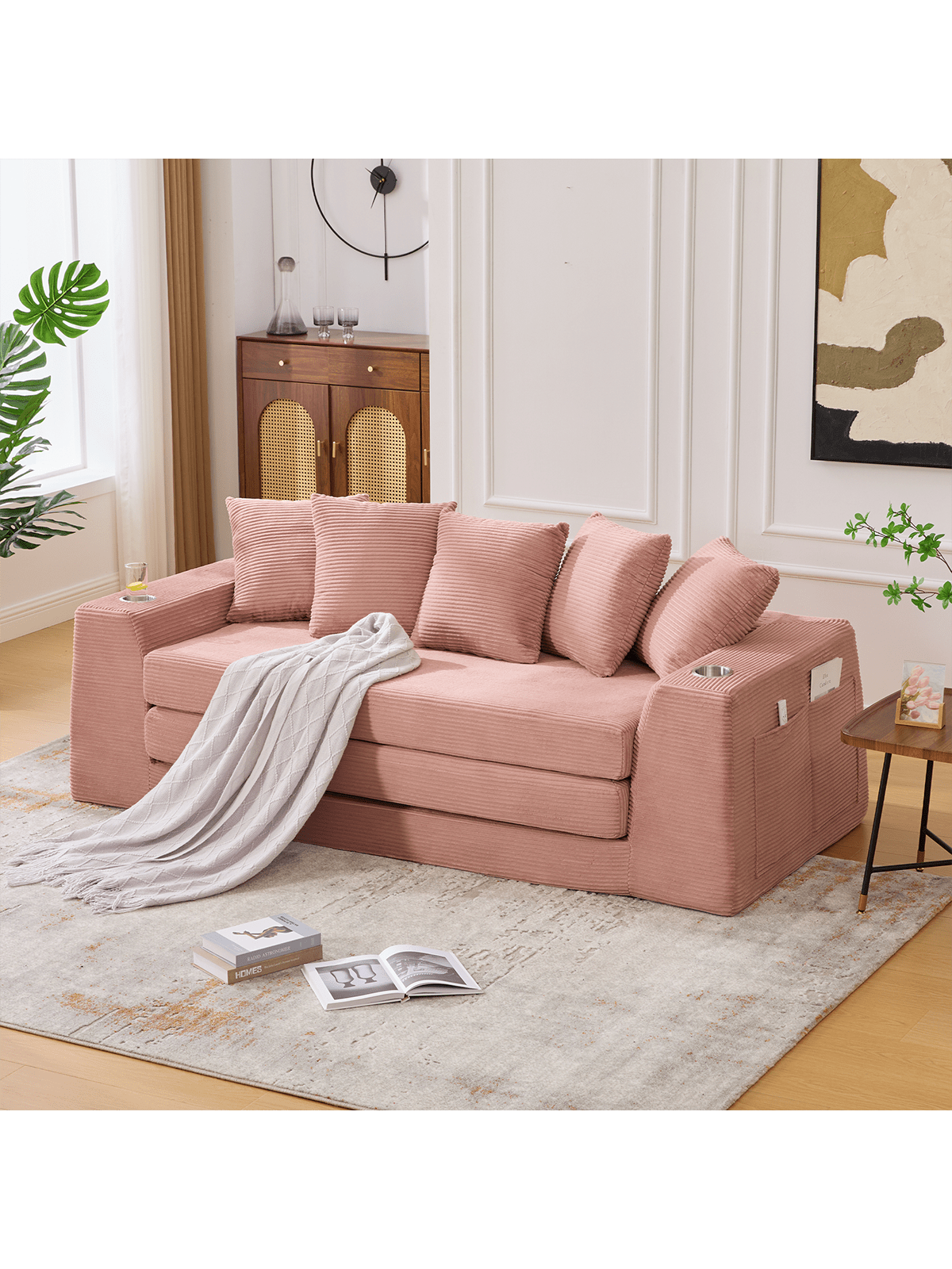 Front. Trinkets Crazed - 82.25" Convertible Sofa Bed, Loveseat Sleeper Sofa, 2 In 1 Sofa, Corduroy Pull Out Sofa Bed, 5 Pillows, Side Pocket - Pink.