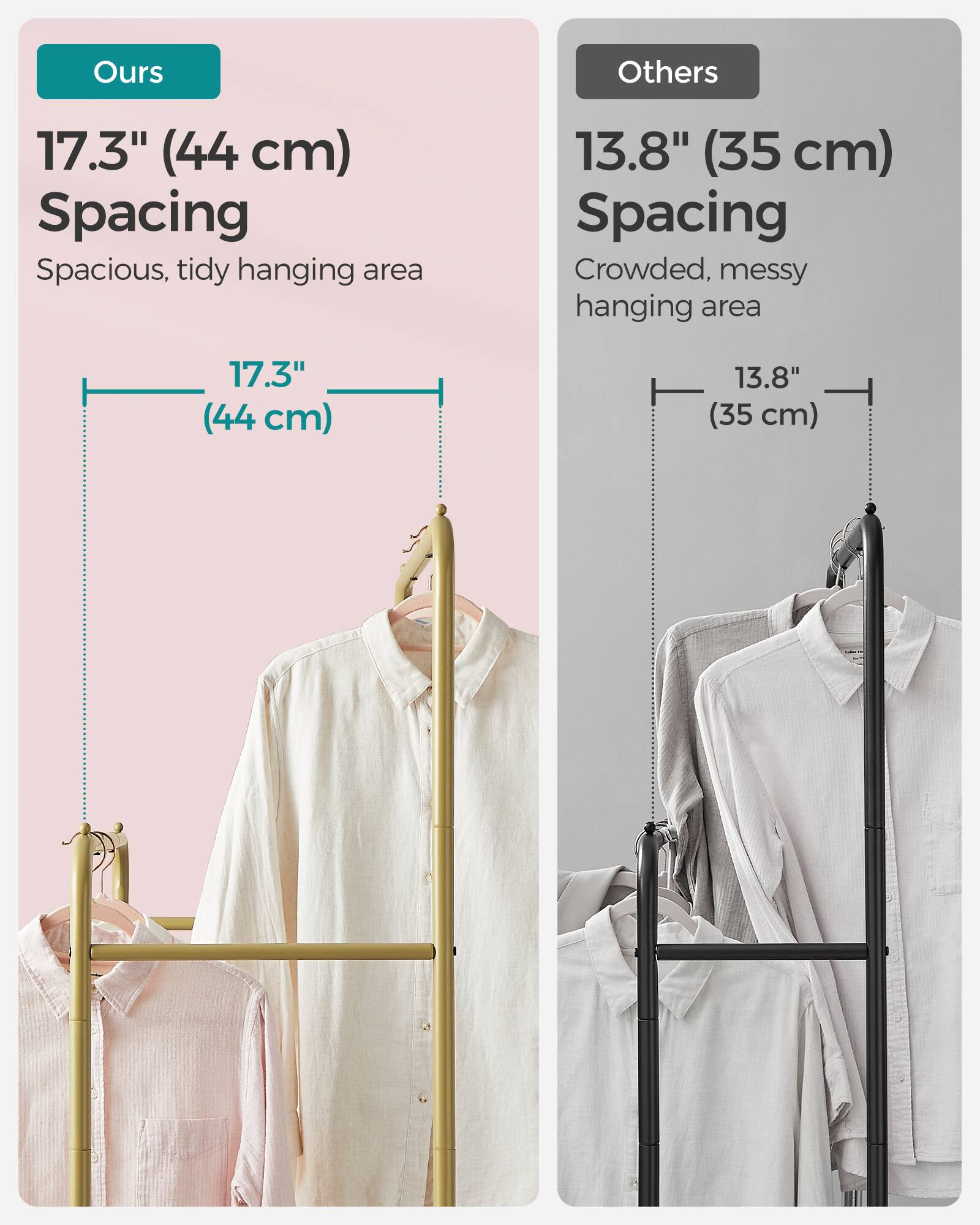 Ours: 17.3" (44 cm) Spacing - Spacious, tidy hanging area  
Others: 13.8" (35 cm) Spacing - Crowded, messy hanging area