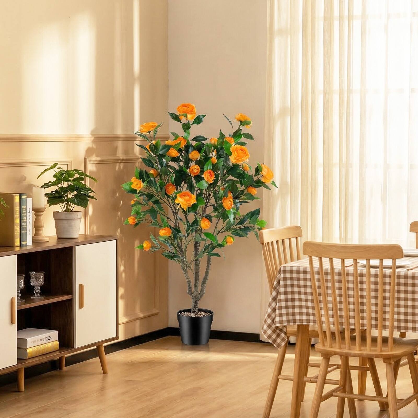 Alt View 4. Costway - Costway 40" Artificial Camellia Tree with 37 Flowers, River Stones for Living Room Front - Orange + Green + Black.