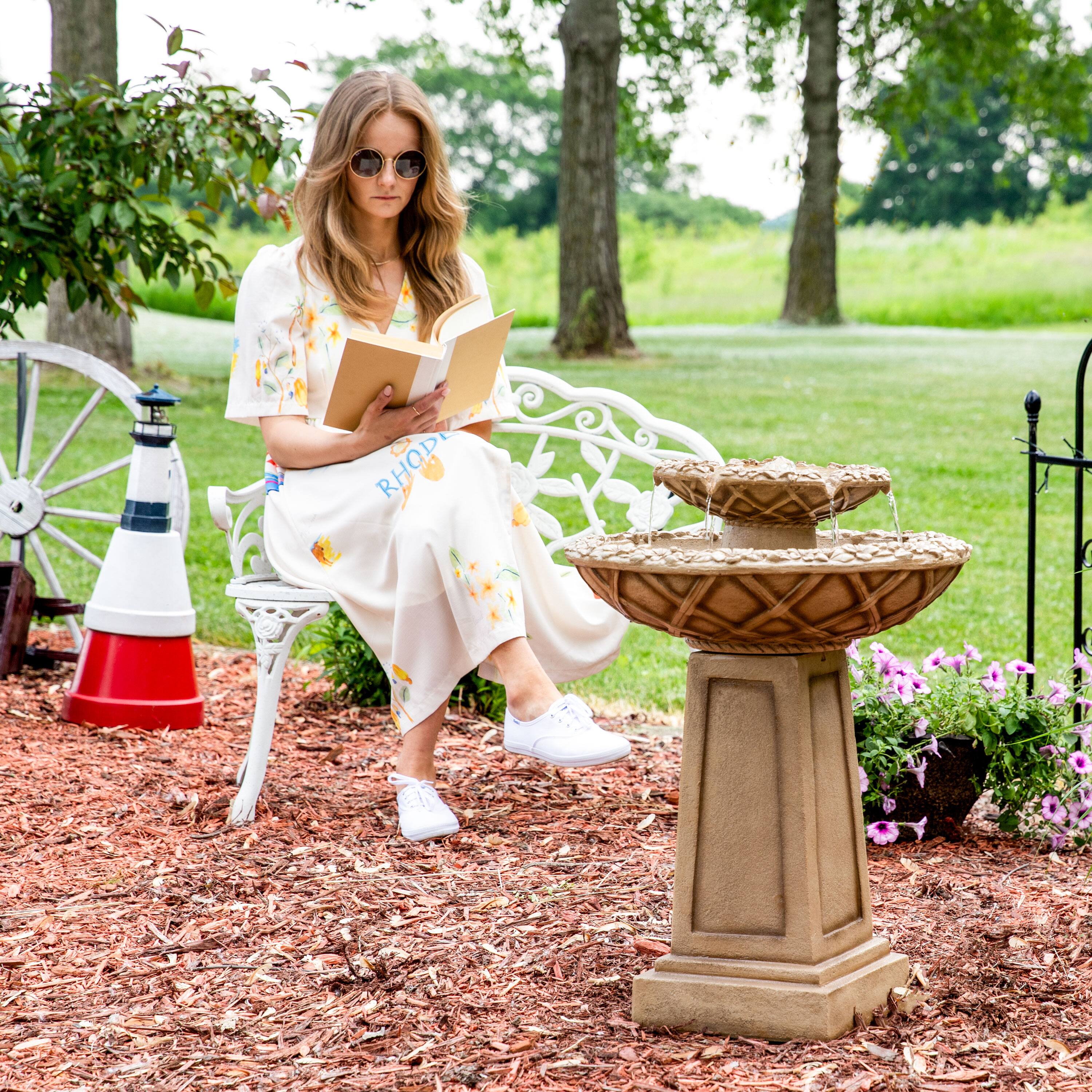 Alt View 5. Sunnydaze - Beveled Flower Polyresin Outdoor 2-Tier Bird Bath Fountain - Light Brown.