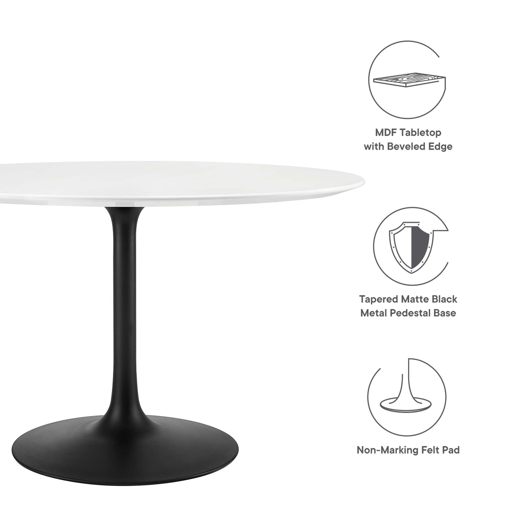 MDF Tabletop with Beveled Edge  
Tapered Matte Black Metal Pedestal Base  
Non-Marking Felt Pad