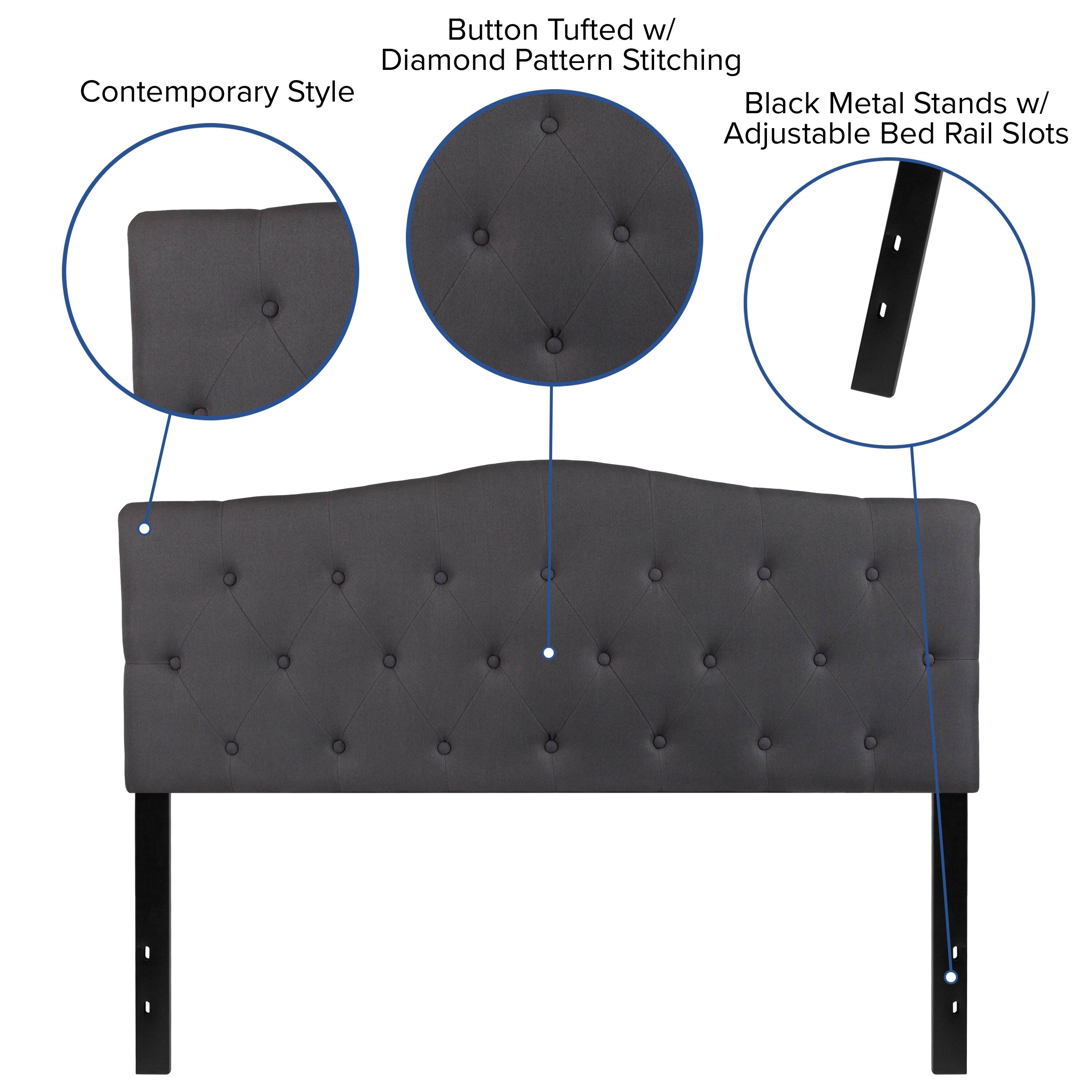 Button Tufted w/ Diamond Pattern Stitching  
Contemporary Style  
Black Metal Stands w/ Adjustable Bed Rail Slots