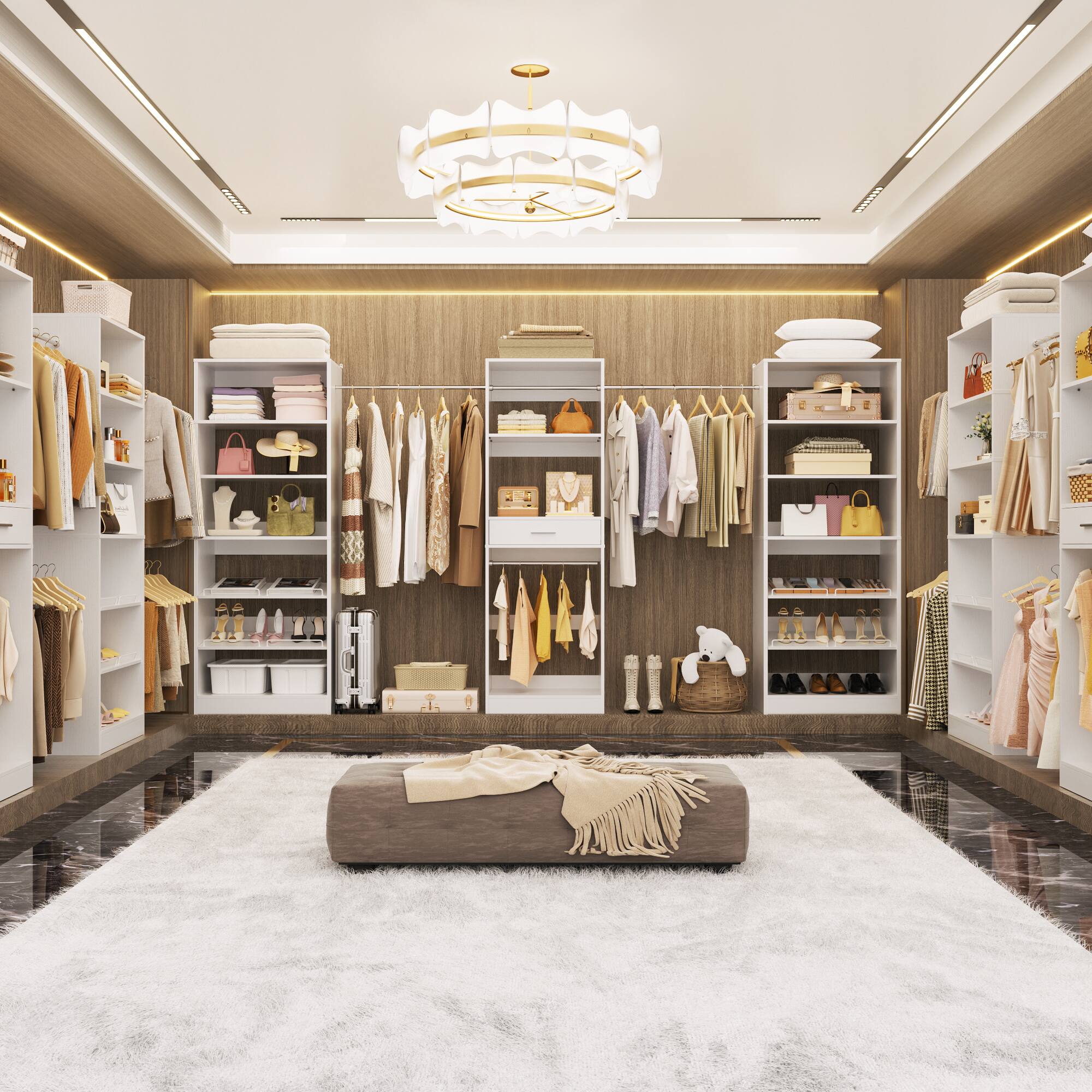 Back. Aheaplus - 146'' Closet System 3-Piece Set, Wardrobe System with Hanging Rods, Drawer and Adjustable Shelves - White.