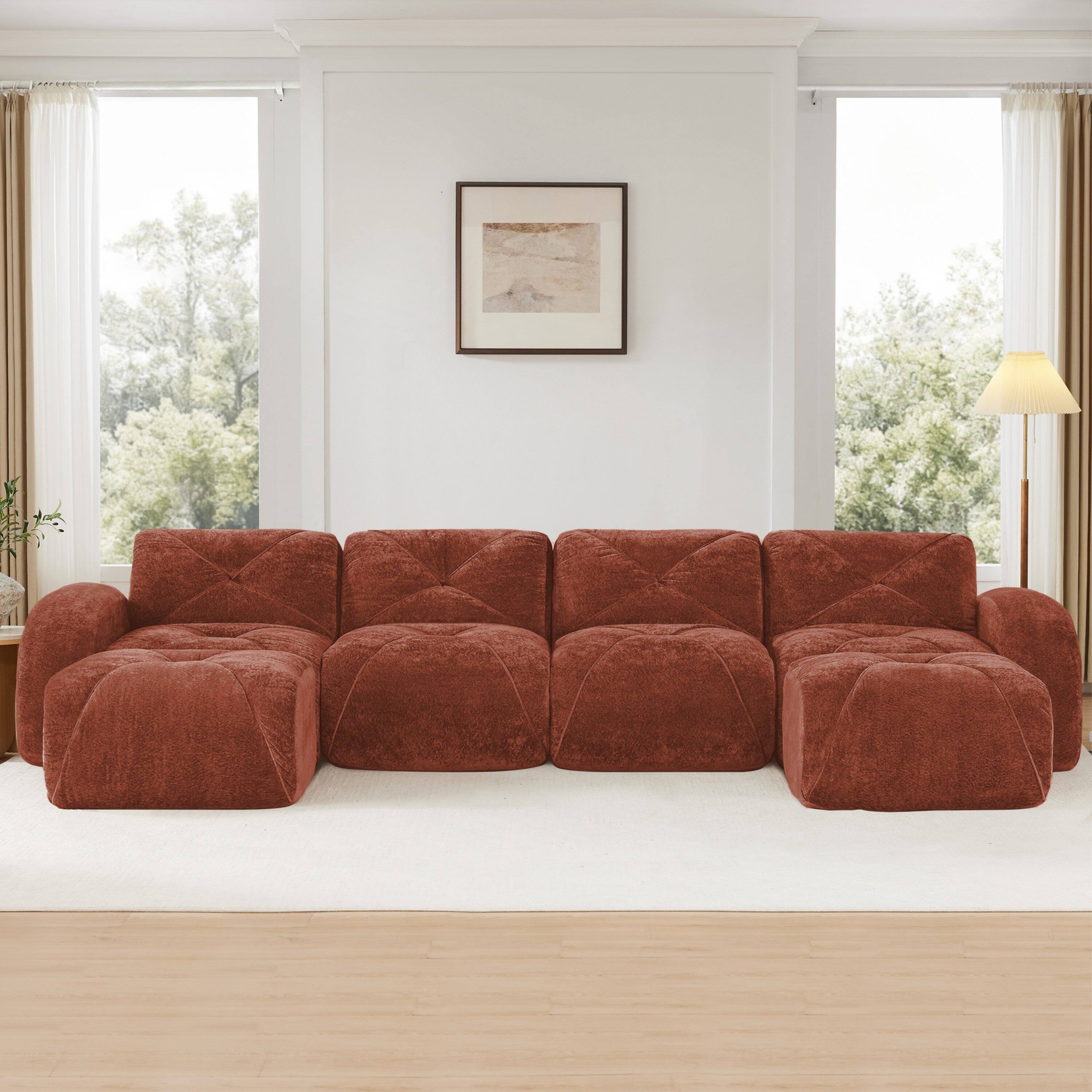 Alt View 3. Boyel Living - U Shaped Velvet Tufted Sofa Movable Ottomans 32D HD Sponge Anti Slip Free Combo No Assembly Living Theater Red - Red.