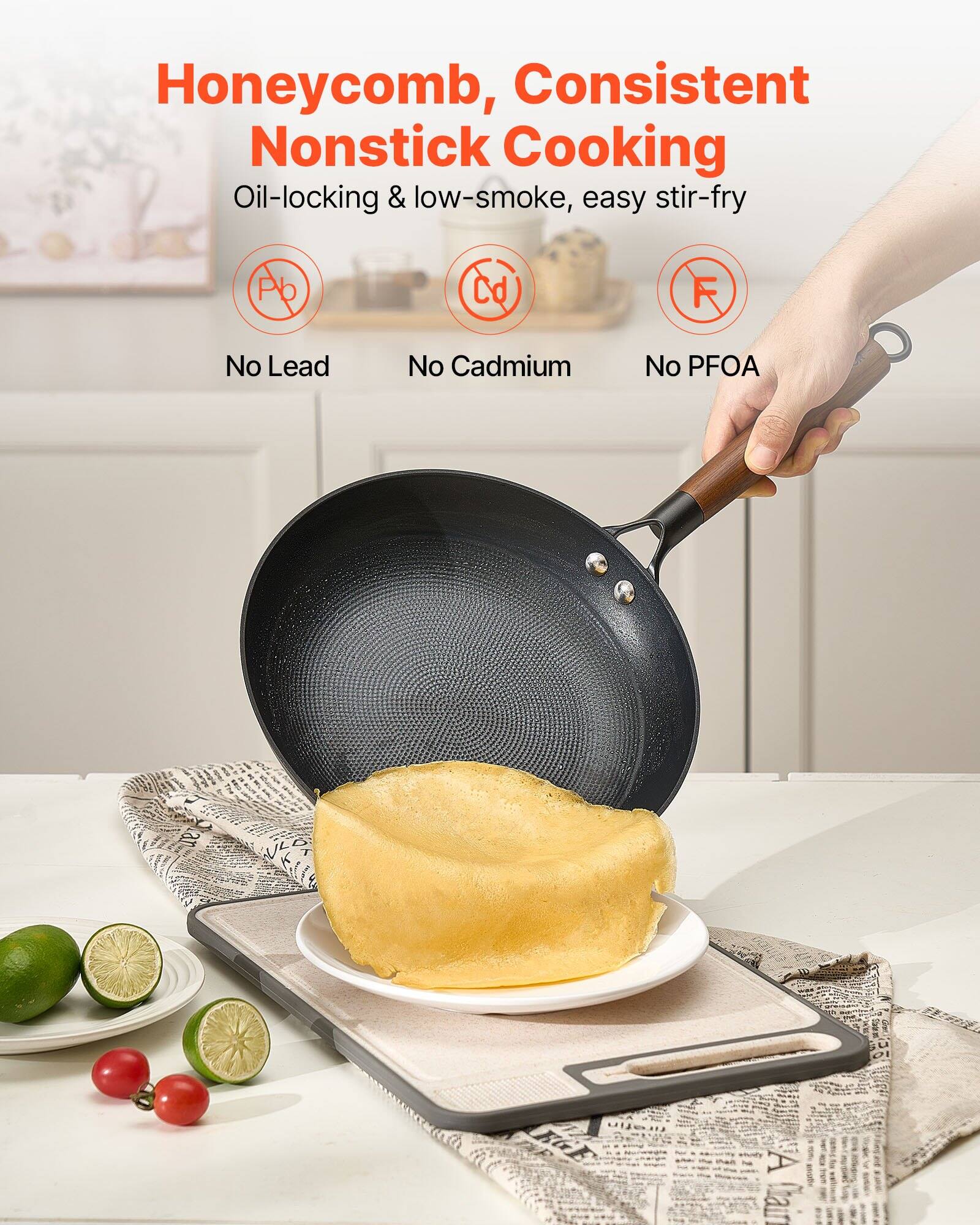 Honeycomb, Consistent Nonstick Cooking  
Oil-locking & low-smoke, easy stir-fry  

No Lead  
No Cadmium  
No PFOA