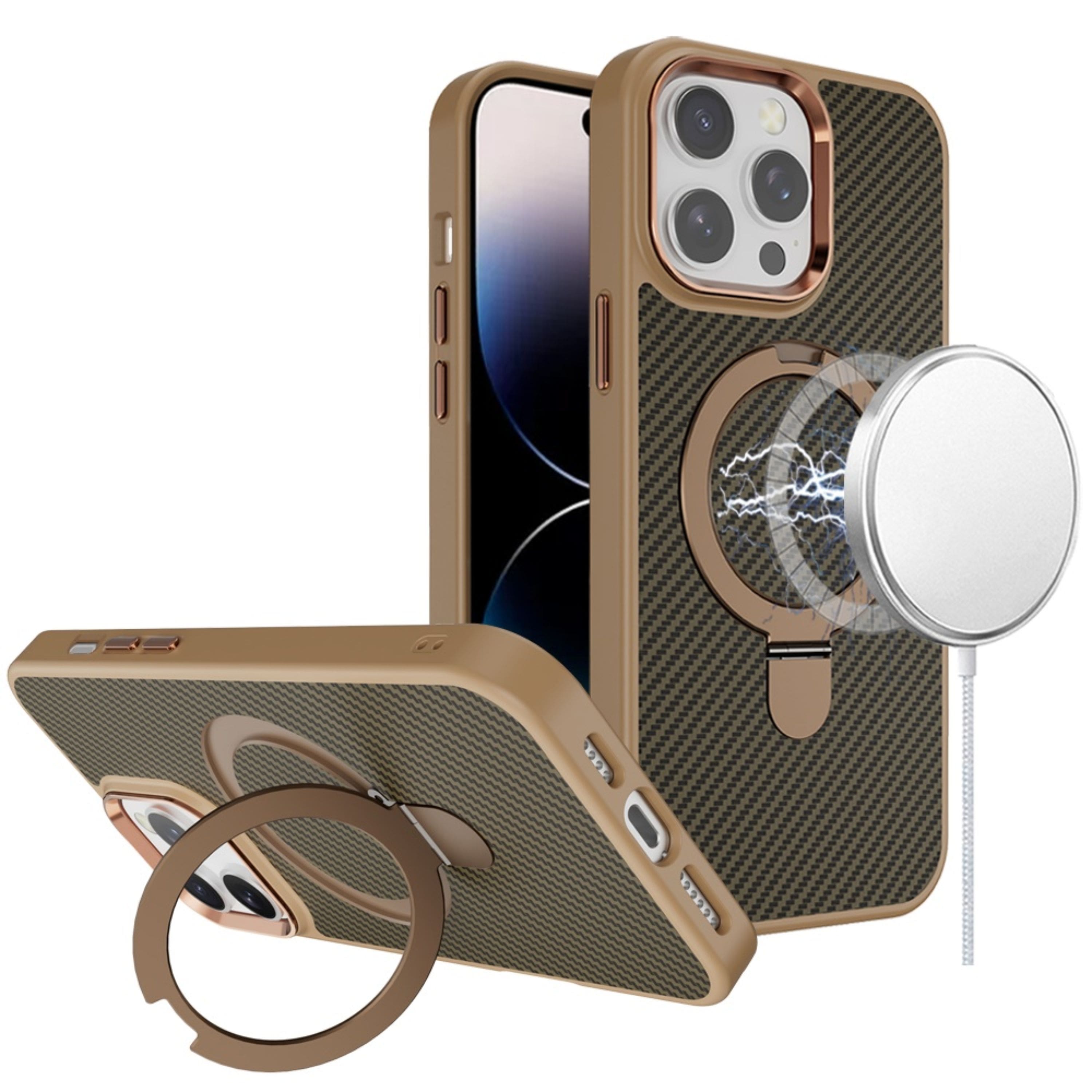 Kitcheniva - Carbon Fiber Magnetic Ring Stand Case For iPhone 14 Pro Max - Brown