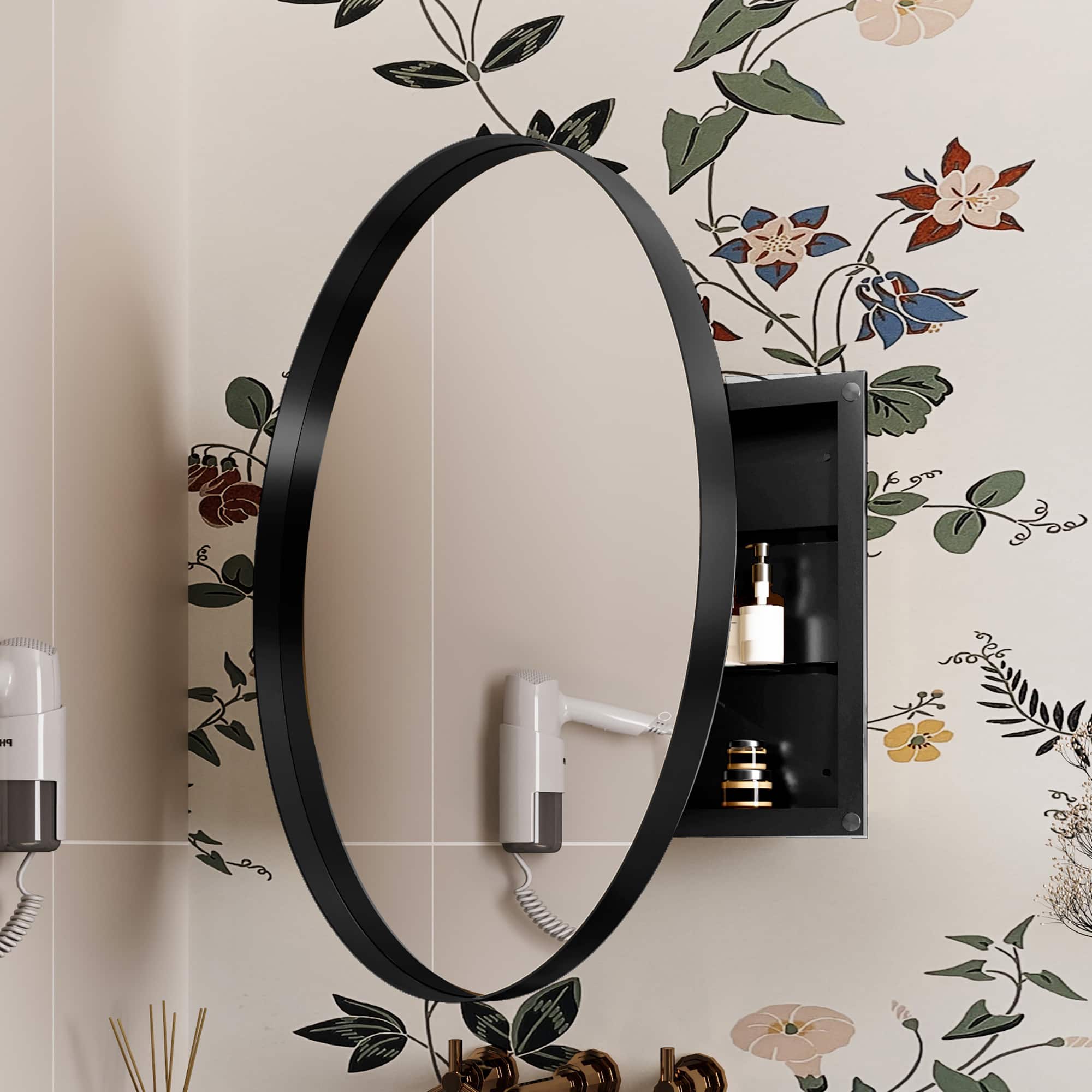 APRILSOUL - 31.5 Inch Surface Mount Round Metal Framed Medicine Cabinet with Mirror - Black