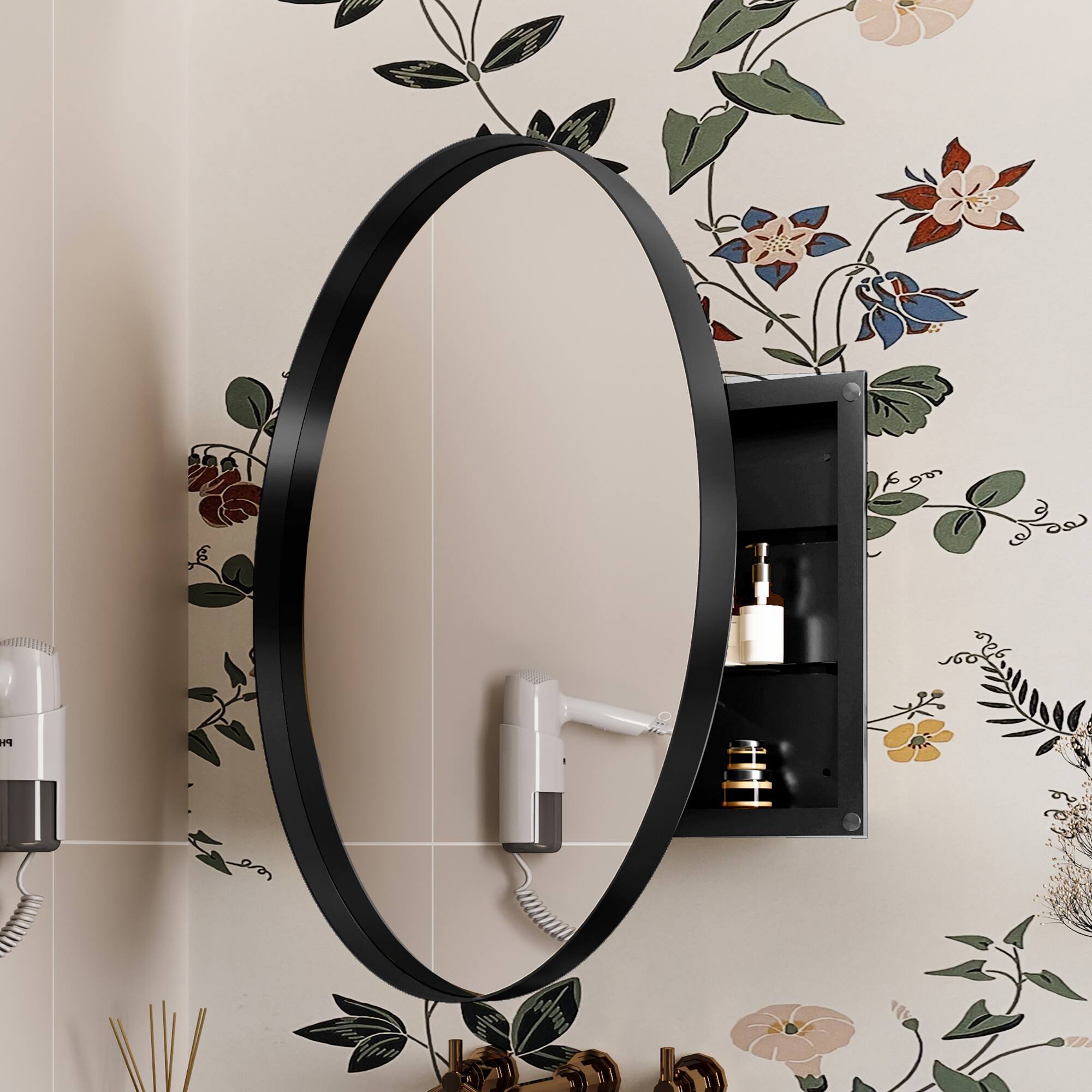 Front. APRILSOUL - 31.5 Inch Surface Mount Round Metal Framed Medicine Cabinet with Mirror - Black.