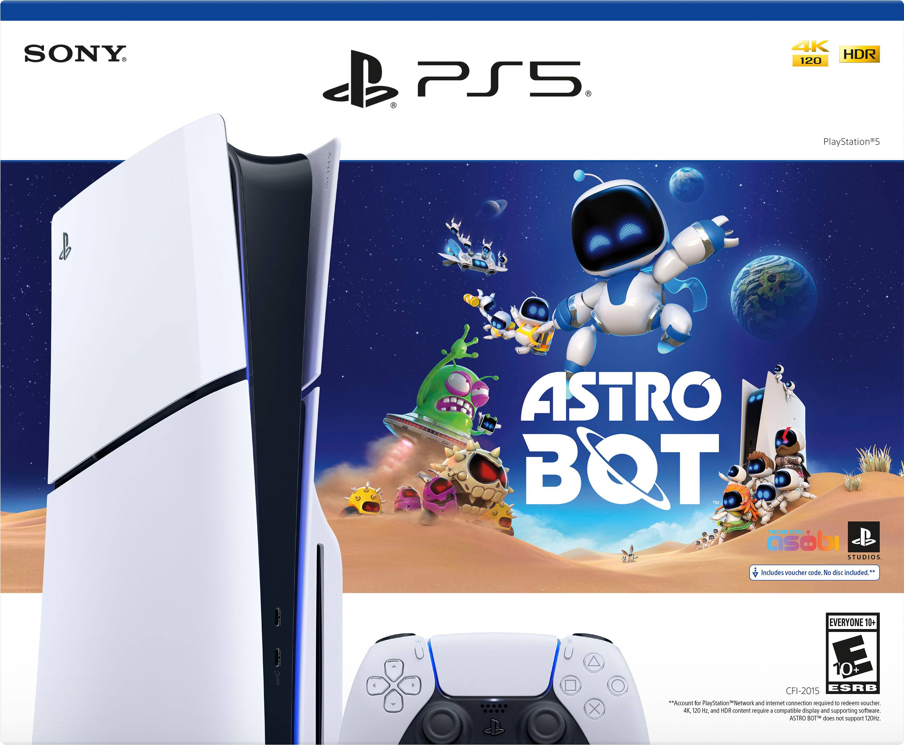 SONY PS5 4K HDR 120 PlayStation*5 ASTRO BOT - redeem voucher included ASTRO STUDIOS Includes voucher for everyone 10+ D 10: CFI-2015 ESHB Account and internet connection required to redeem digital code. Requires 4 compatible controllers and supporting software.
