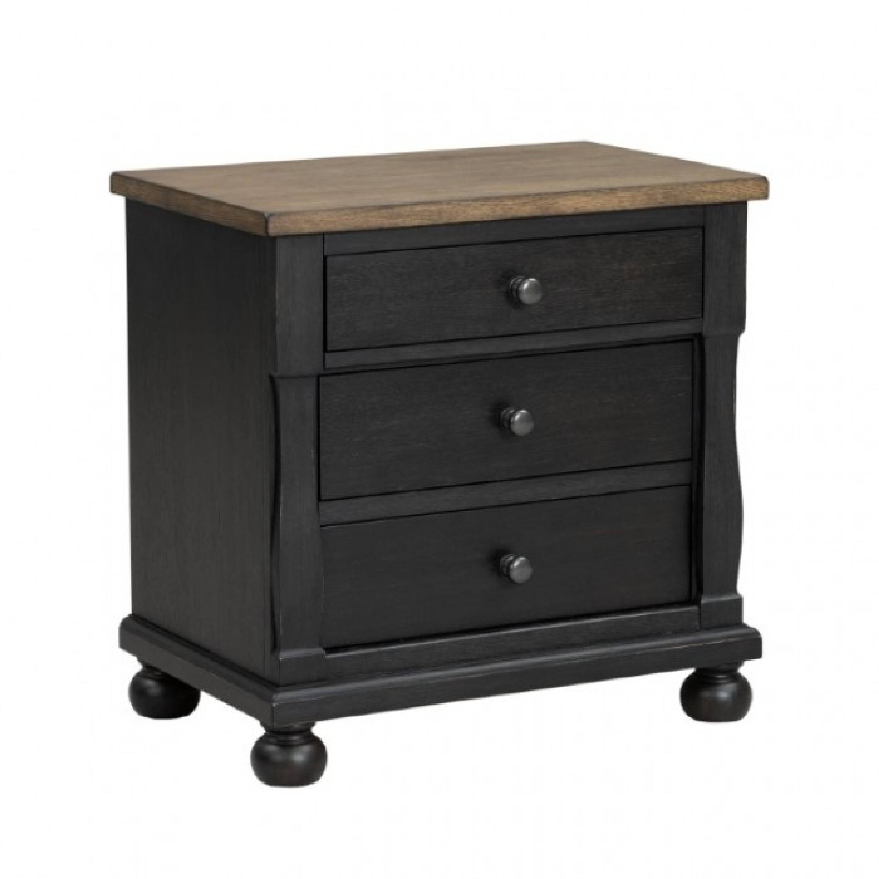 Front. Manhattan Lane - Ginie Nightstand with 2 USB Ports, 3 Drawers, Rustic Oak - Black, Oak Brown, Pewter.