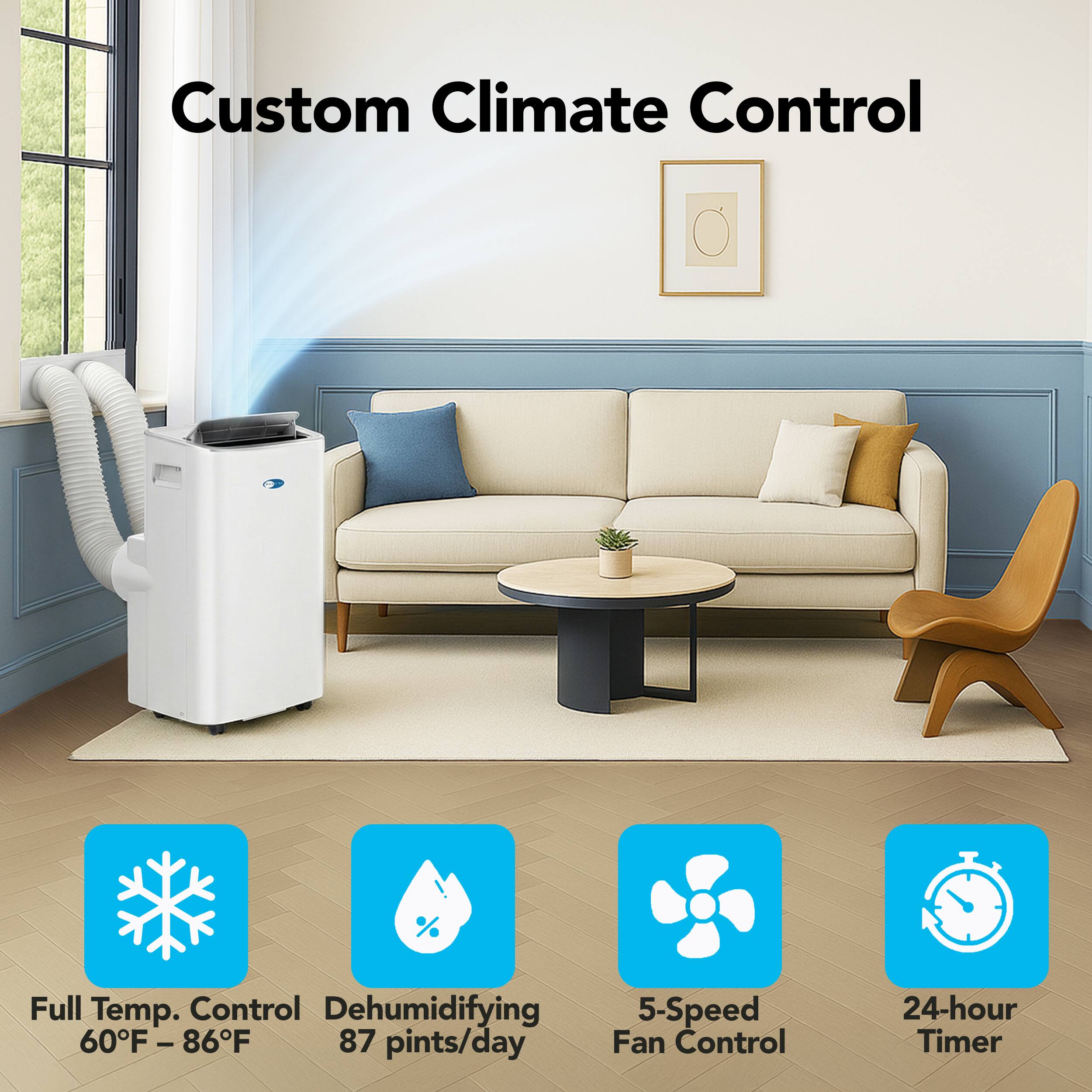 Custom Climate Control

- Full Temp. Control 60°F – 86°F
- Dehumidifying 87 pints/day
- 5-Speed Fan Control
- 24-hour Timer