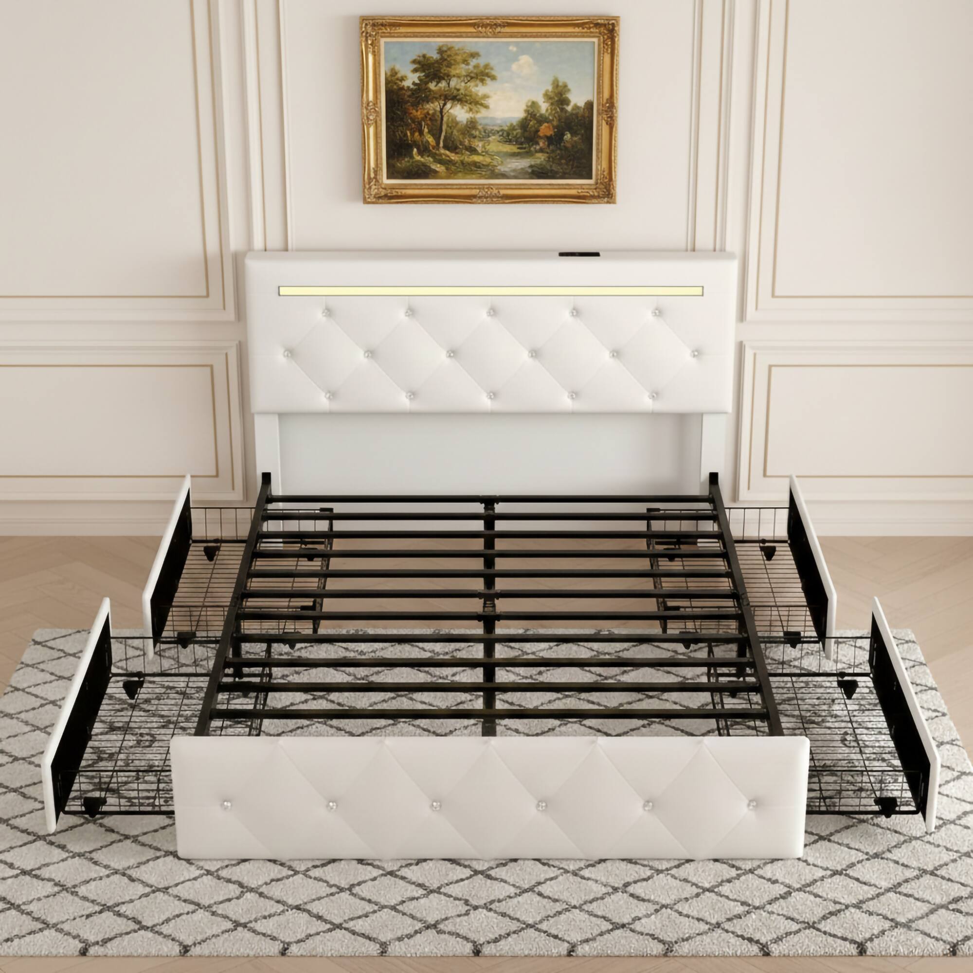 Alt View 4. LUCKY ONE - Queen Size Bed Frame with LED Light,4 Storage Drawers and Adjustable Headboard - White.