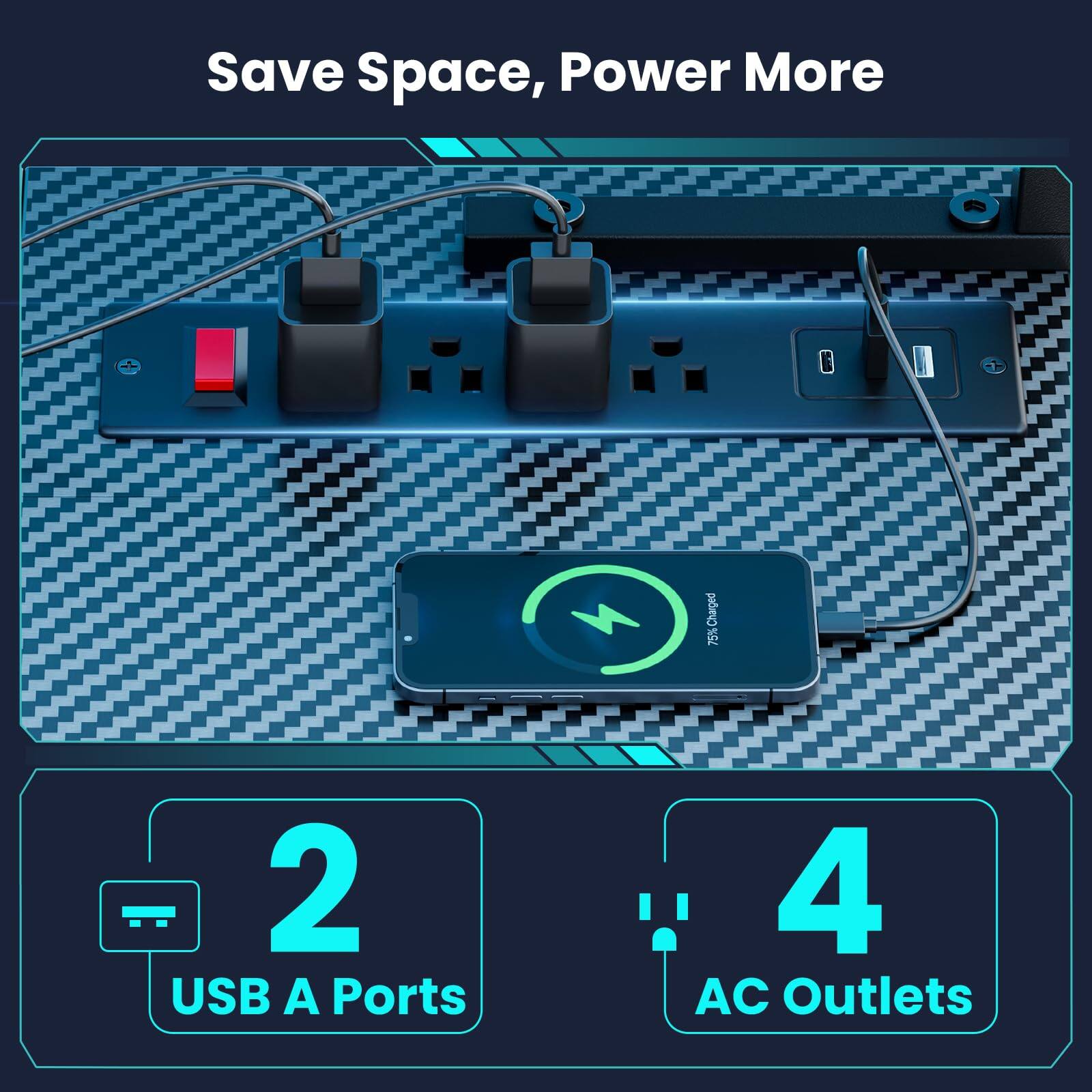 Save Space, Power More

2 USB A Ports

4 AC Outlets