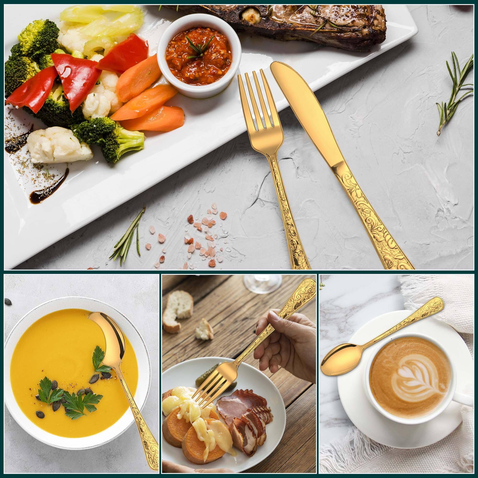 Back. Dazzed Corner - Stainless Steel Silverware Set, 30 Pieces Vintage Carved Flatware Set for 6 - Gold.