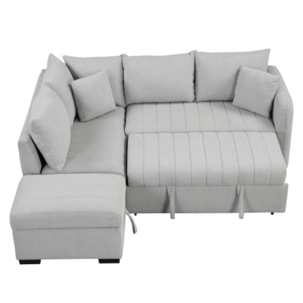 Alt View 6. LUCKY ONE - 82.6" L-Shaped Pull-Out Sleeper Sectional Sofa Bed w/ USB Power Sockets Storage Ottoman - Gray.