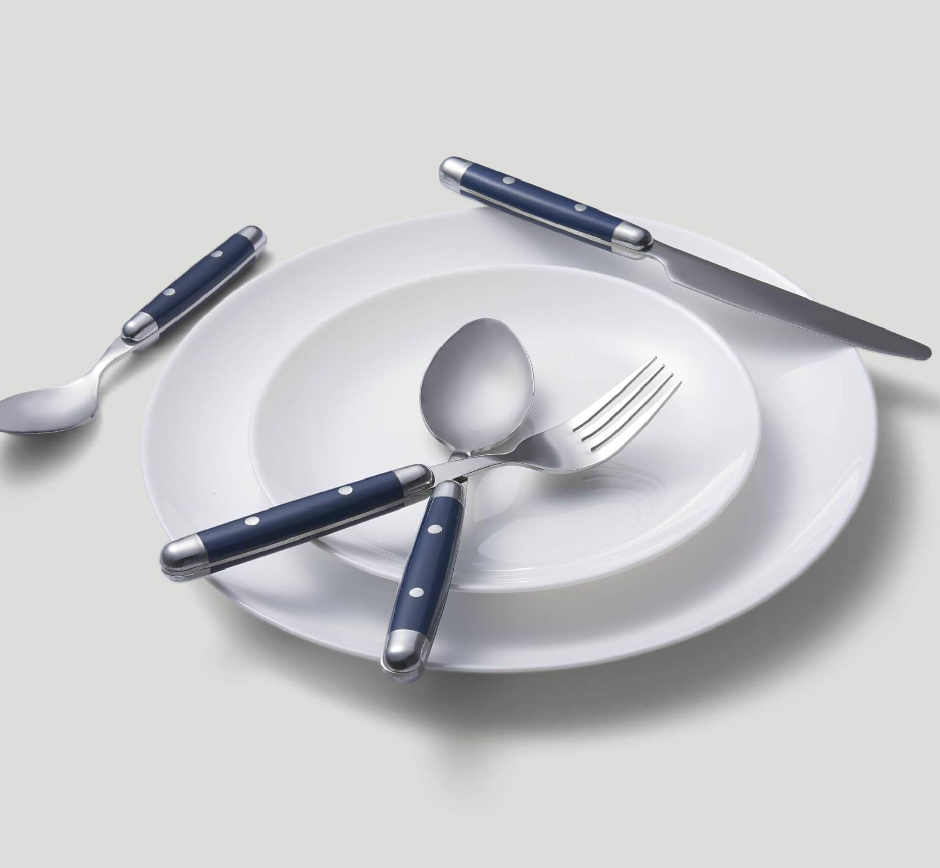 Back. Dazzed Corner - Silverware Set, 16-Piece Flatware Set, Service for 4, 18/0 Stainless Steel, Dishwasher Safe - Blue.