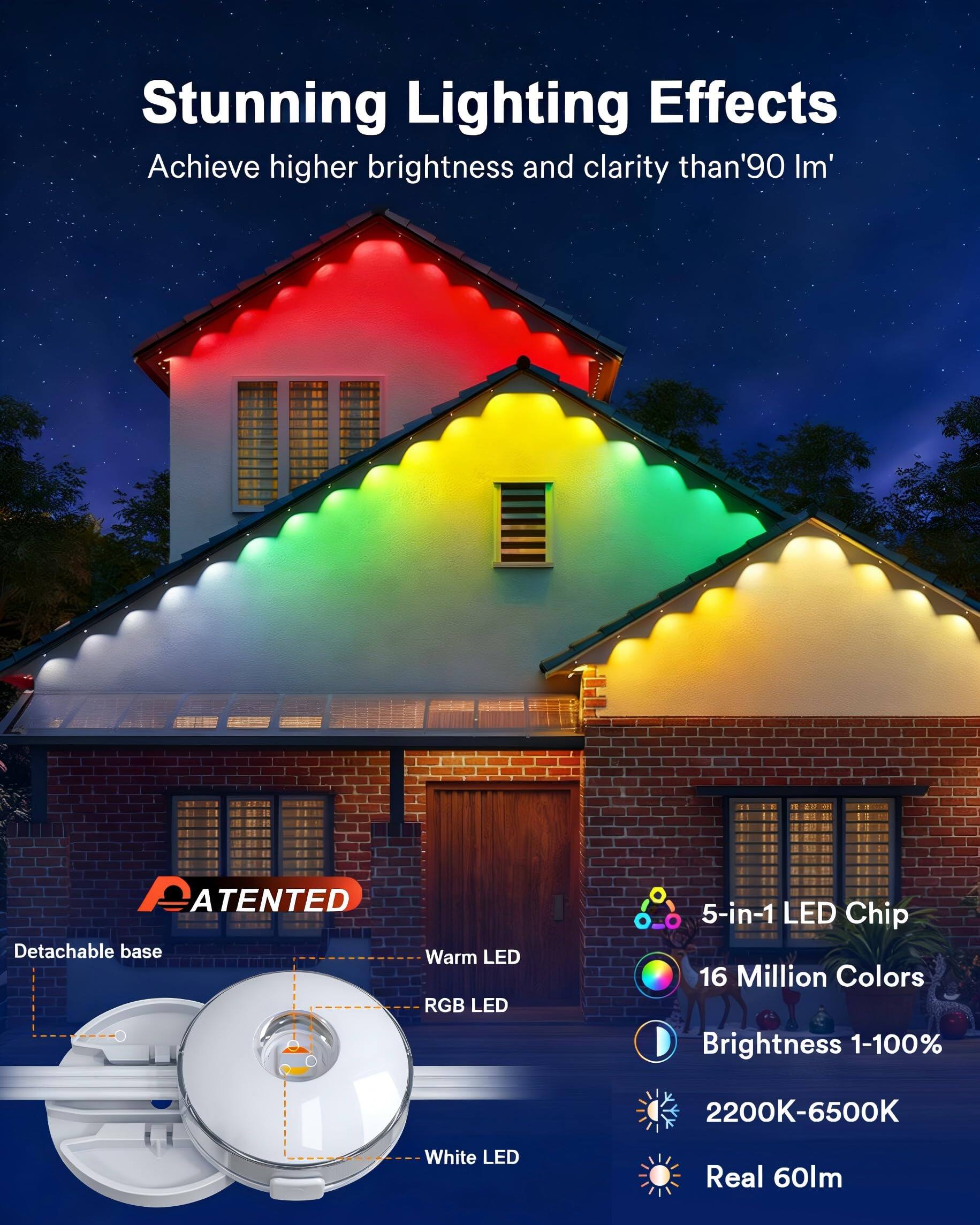 Stunning Lighting Effects  
Achieve higher brightness and clarity than '90 Im'  

PATENTED  
Detachable base  
Warm LED  
RGB LED  
5-in-1 LED Chip  
16 Million Colors  
Brightness 1-100%  
2200K-6500K  
White LED  
Real 60lm