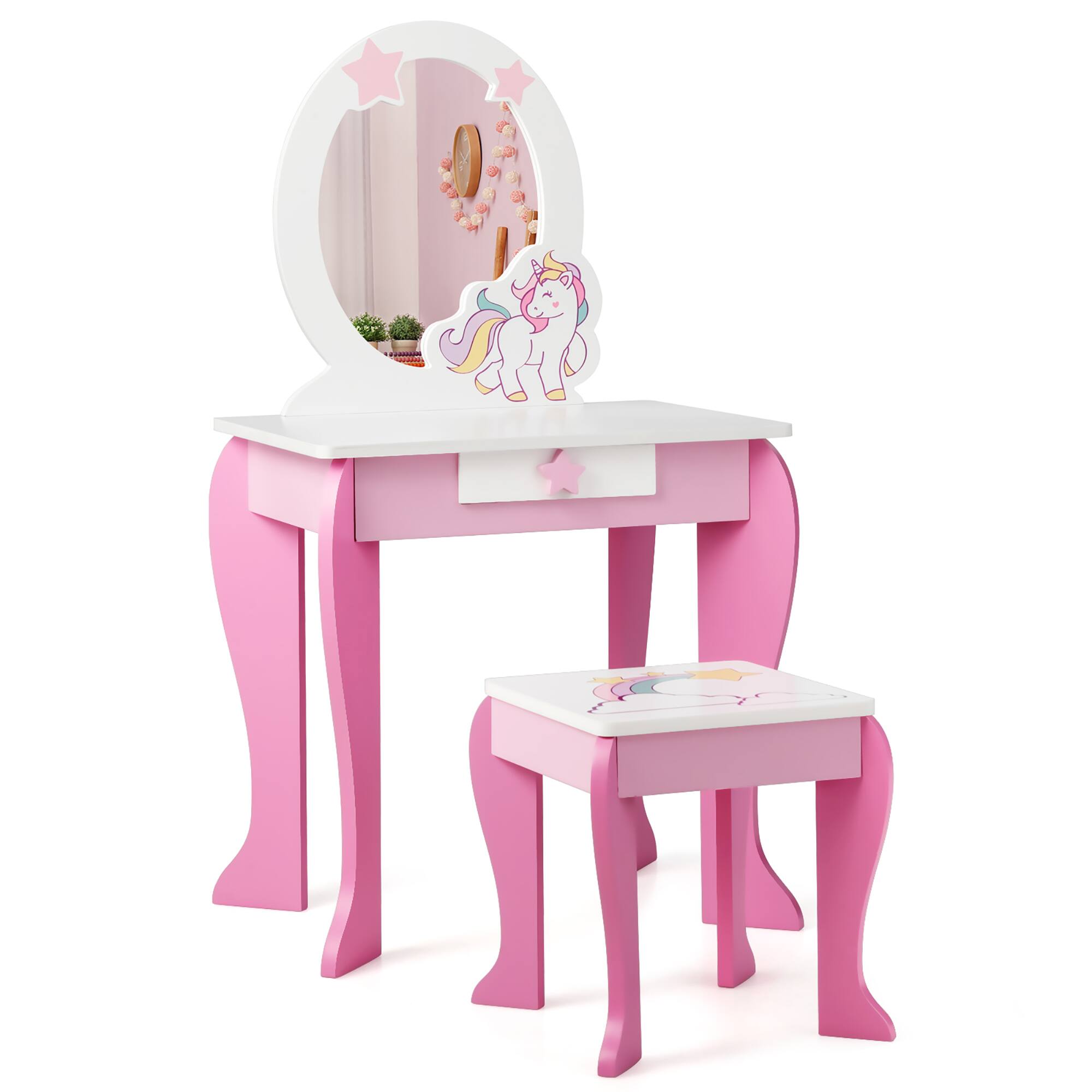 Costway - Kids Vanity Makeup Dressing Table Chair Set Wooden with Mirror Drawer - Pink