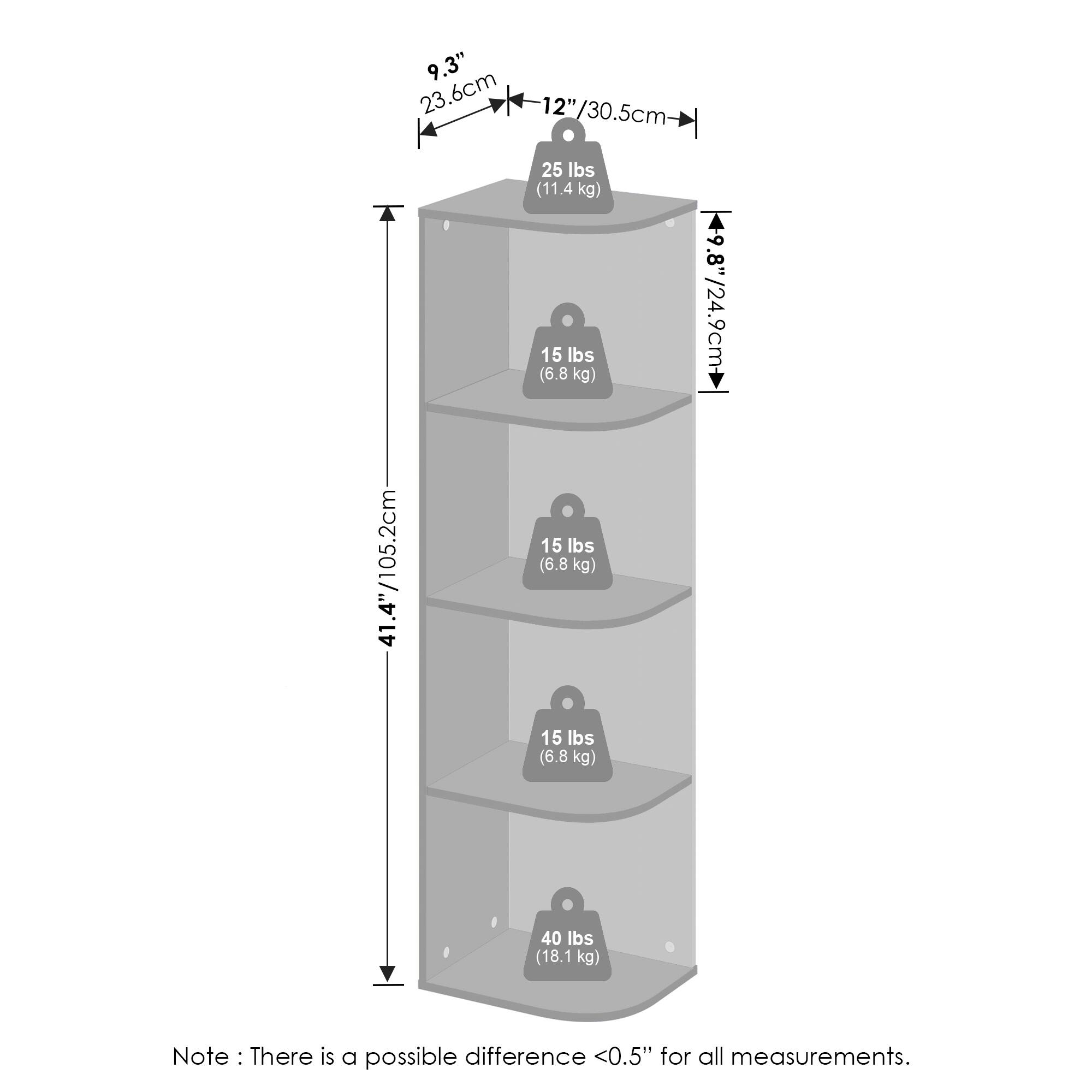 9.3" / 23.6cm  
12" / 30.5cm  
41.4" / 105.2cm  
25 lbs (11.4 kg)  
15 lbs (6.8 kg)  
15 lbs (6.8 kg)  
15 lbs (6.8 kg)  
40 lbs (18.1 kg)  

Note: There is a possible difference <0.5" for all measurements.