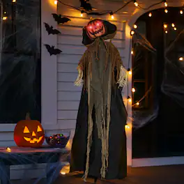 Winado - Halloween 5.8FT Scary Pumpkin Man with Hat, Light-Up Eyes Animatronic Prop Decoration for Indoor Outdoor Holiday Garden - Orange & Black