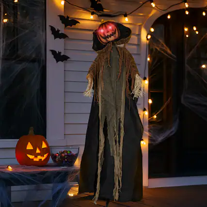 Front. Winado - Halloween 5.8FT Scary Pumpkin Man with Hat, Light-Up Eyes Animatronic Prop Decoration for Indoor Outdoor Holiday Garden - Orange & Black.