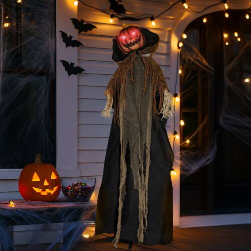 Front. Winado - Halloween 5.8FT Scary Pumpkin Man with Hat, Light-Up Eyes Animatronic Prop Decoration for Indoor Outdoor Holiday Garden - Orange & Black.