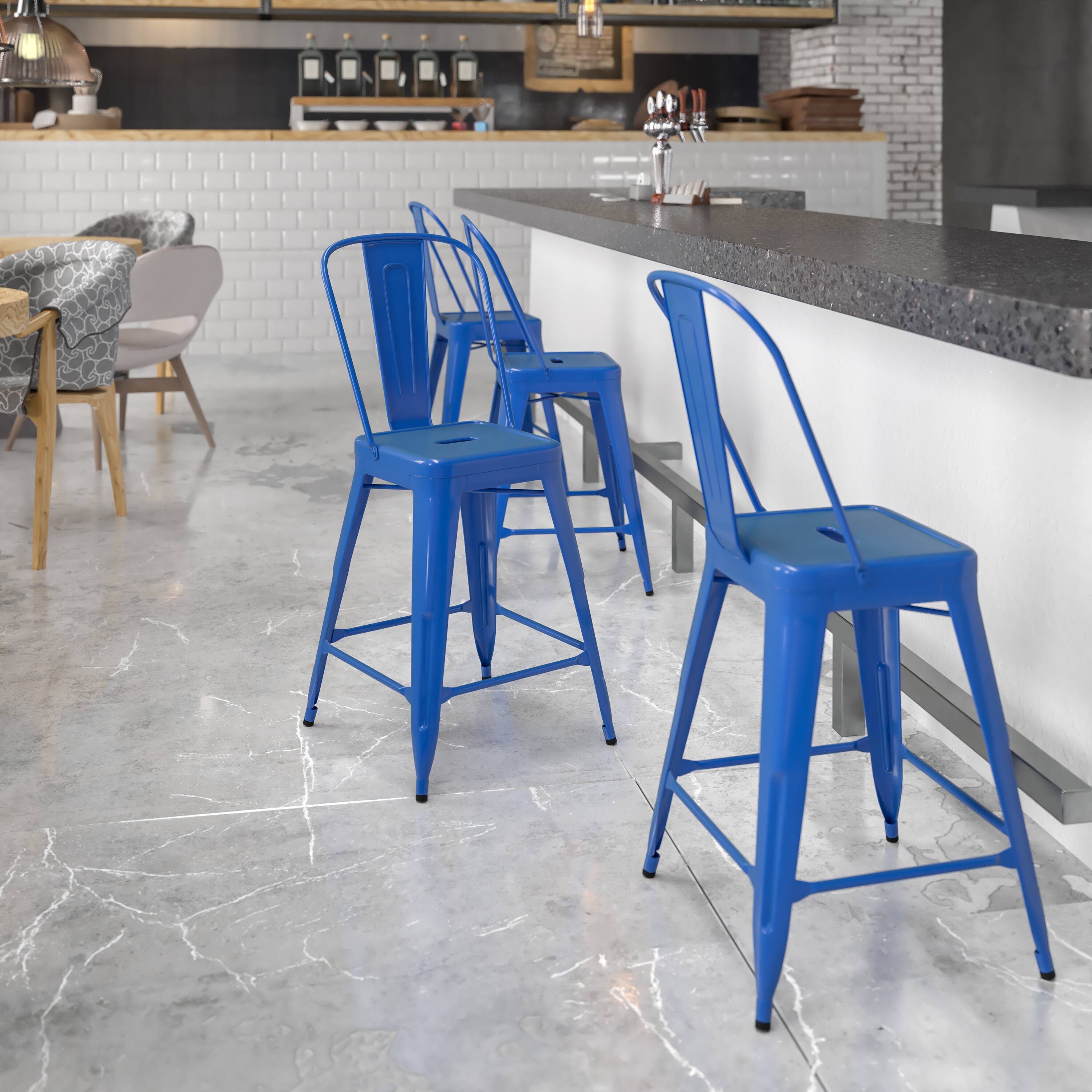 Alt View 1. Emma + Oliver - Commercial Grade 24"H Colorful Metal Indoor-Outdoor Counter Stool with Back - Blue.