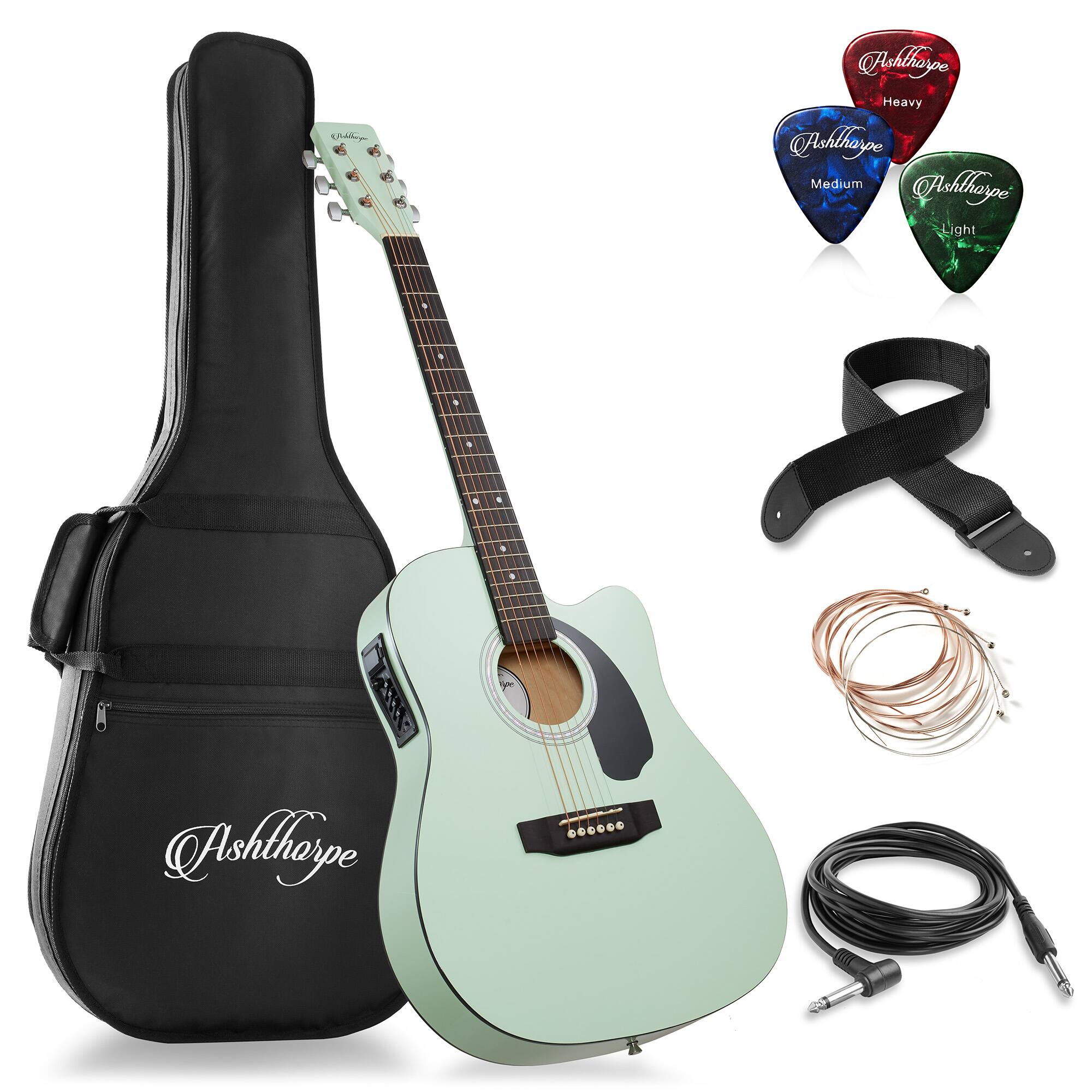 Ashthorpe - Full-Size Cutaway Thinline Acoustic-Electric Guitar w/ Gig Bag and EQ - Mint Green