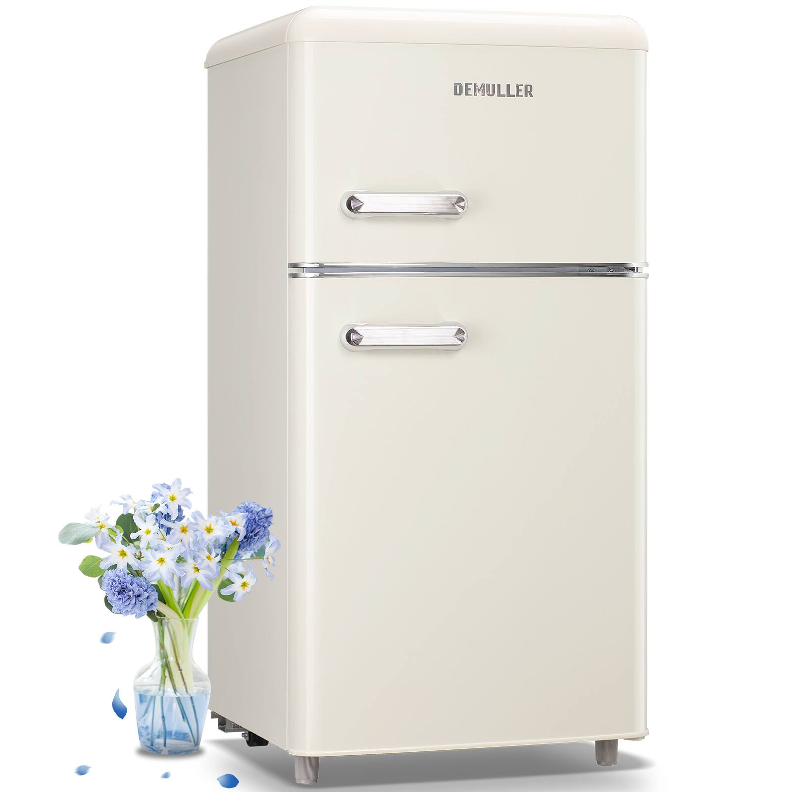 DEMULLER - Small 3.5 Cu.Ft Retro Refrigerator with 2 Handles, 7 Adjustable Temperature Control for Home Kitchen - White