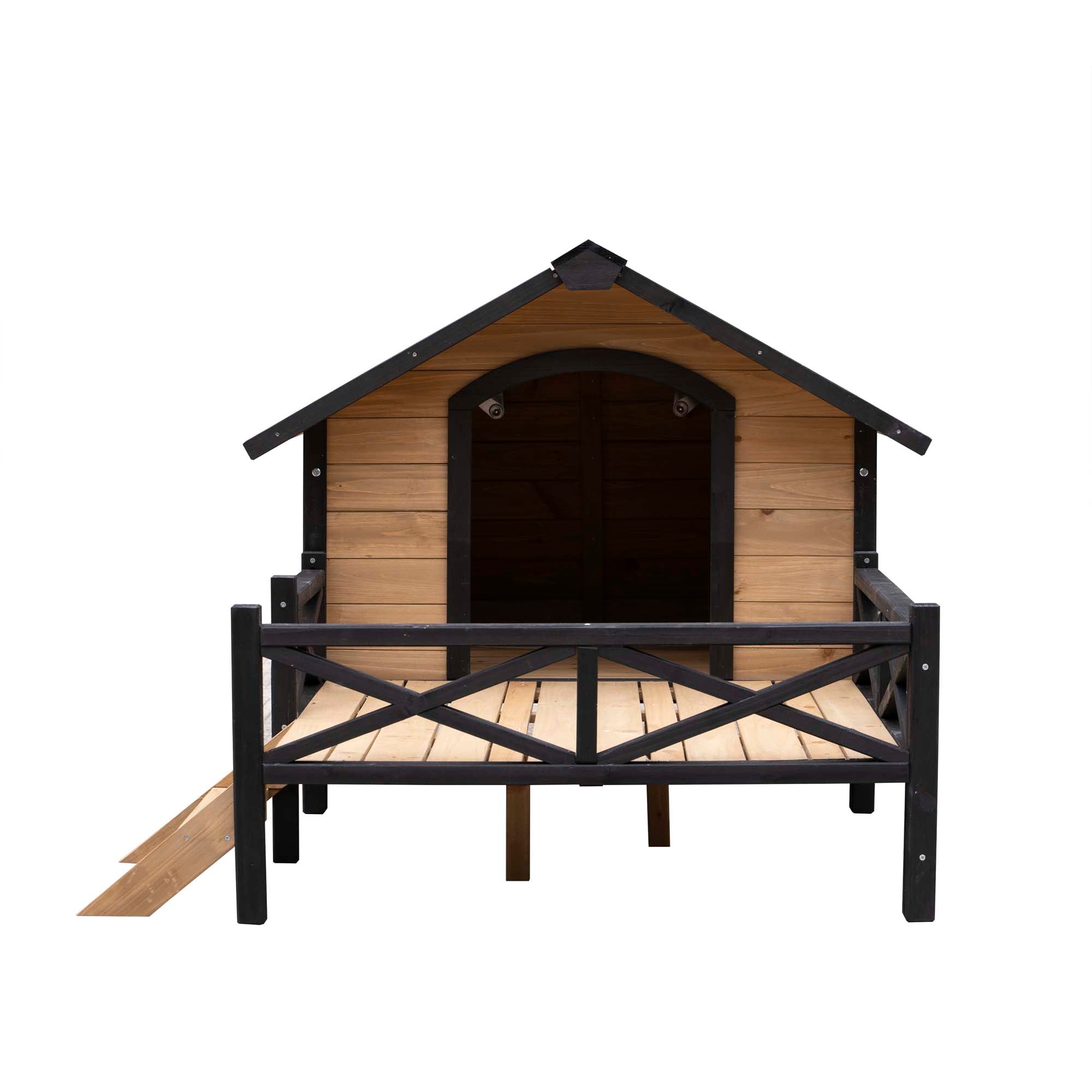 Alt View 4. Boyel Living - Natural Wood Large Wooden Dog Kennel Porch Outdoor Cabin House - Brown.