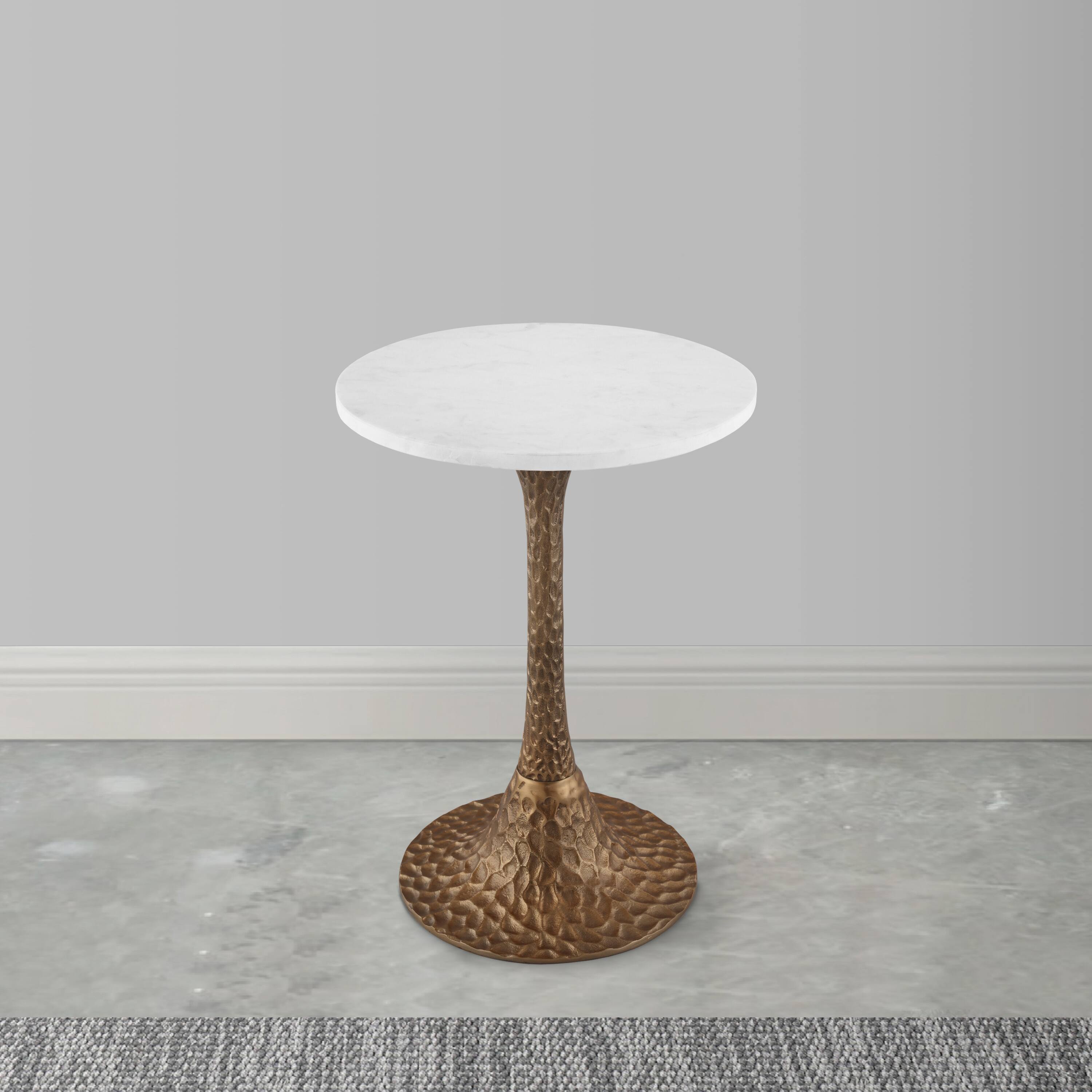 Alt View 8. Manhattan Lane - Accent Side Table, 14.5 Inch Round White Marble Top, Antique Brass Hammered Pedestal Base - Antique Brass, White.