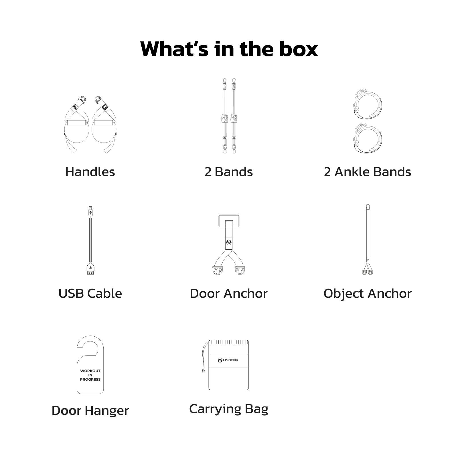 What's in the box:

- Handles
- 2 Bands
- 2 Ankle Bands
- USB Cable
- Door Anchor
- Object Anchor
- Door Hanger
- Carrying Bag