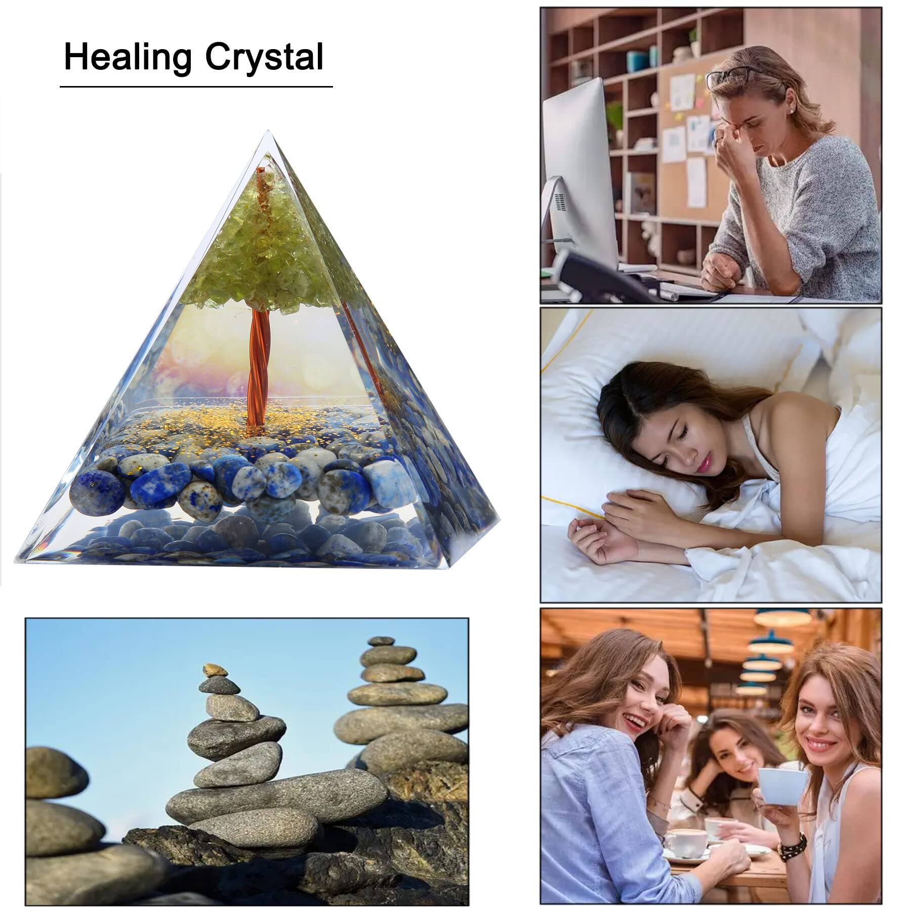 Healing Crystal

- A pyramid-shaped crystal with a tree and blue stones inside.
- A person sitting at a desk, looking stressed.
- A person lying in bed, appearing to be asleep.
- A stack of stones on a beach.
- Three people sitting at a table, smiling and enjoying drinks.